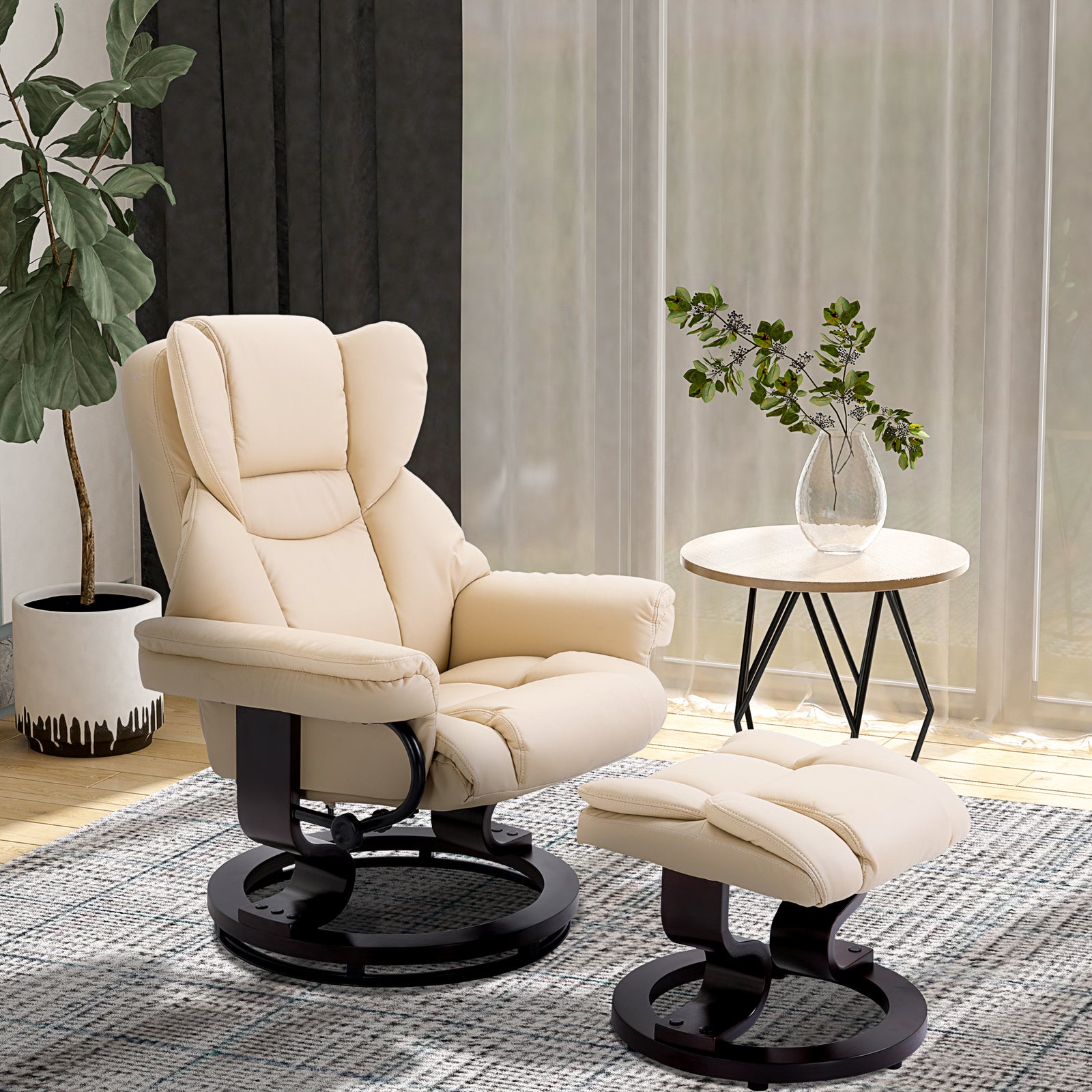 Pu Leather Manual Reclining Armchair Footstool Padded Seat | One Size | Cream
