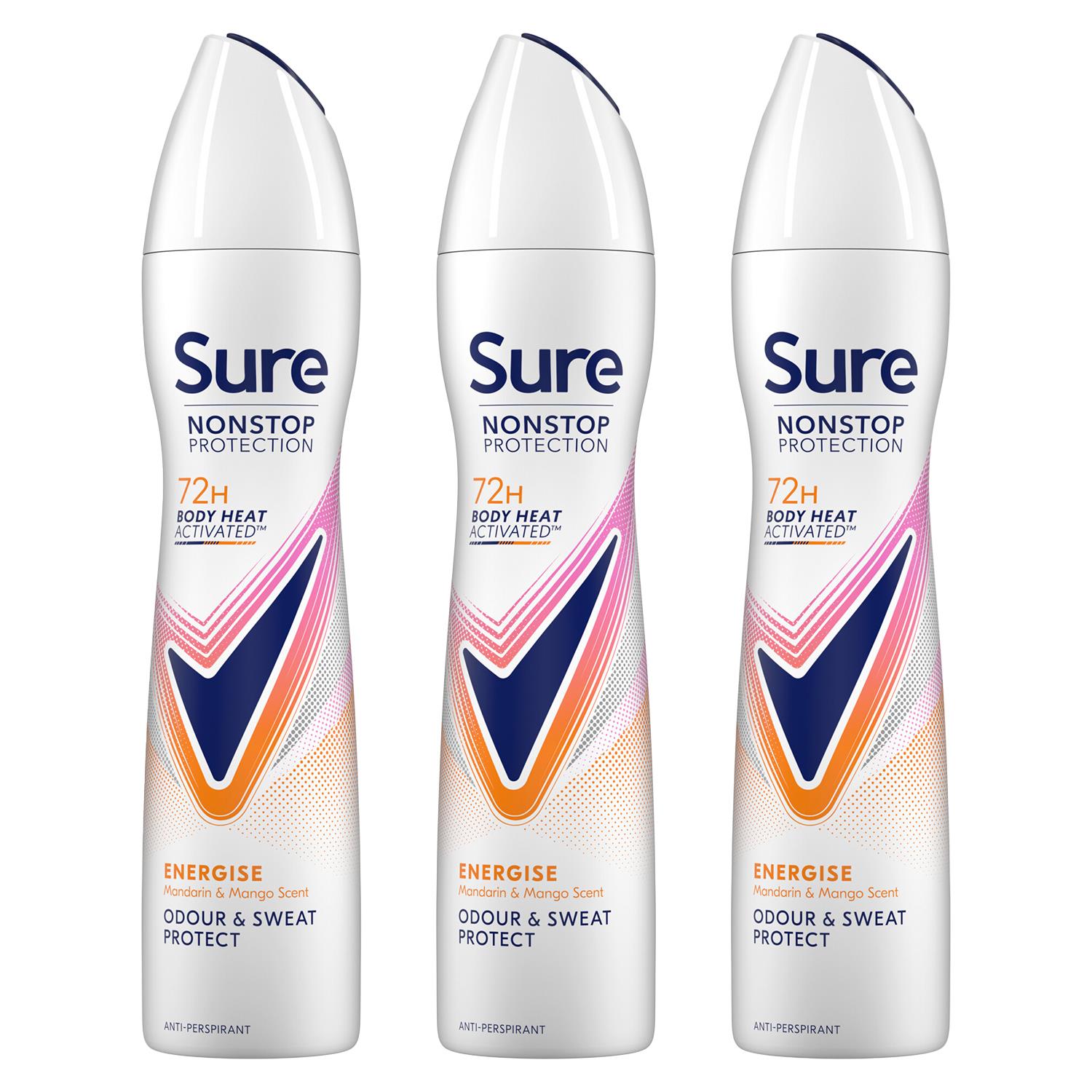 Women Energise Deodorant Spray With 72h Nonstop Protection 250ml, 3 Pack