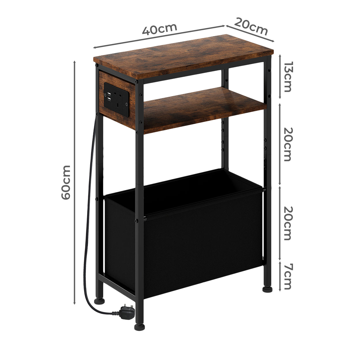 Levede Slim Side Table With Charging Station Storage Narrow End Table Sofa Living Room