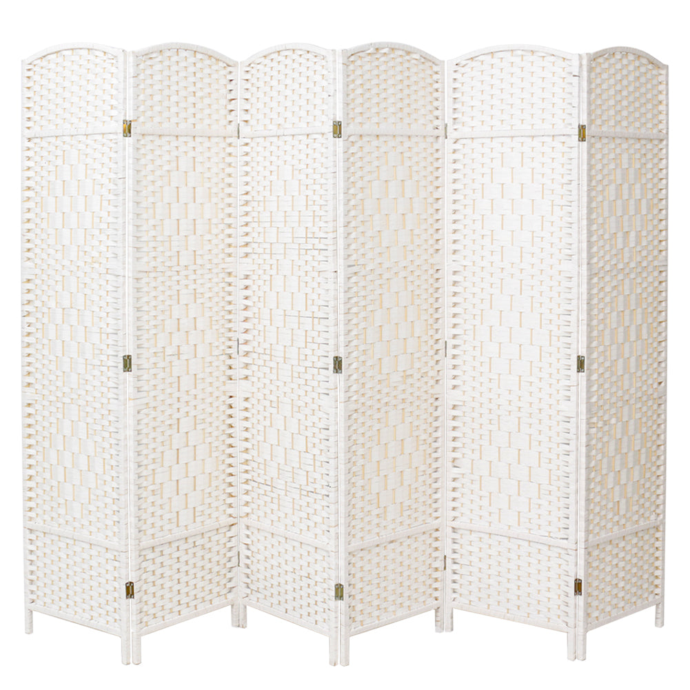 4/6-panel Foldable Room Divider – White Weave Fiber And Solid Wood Frame | Large