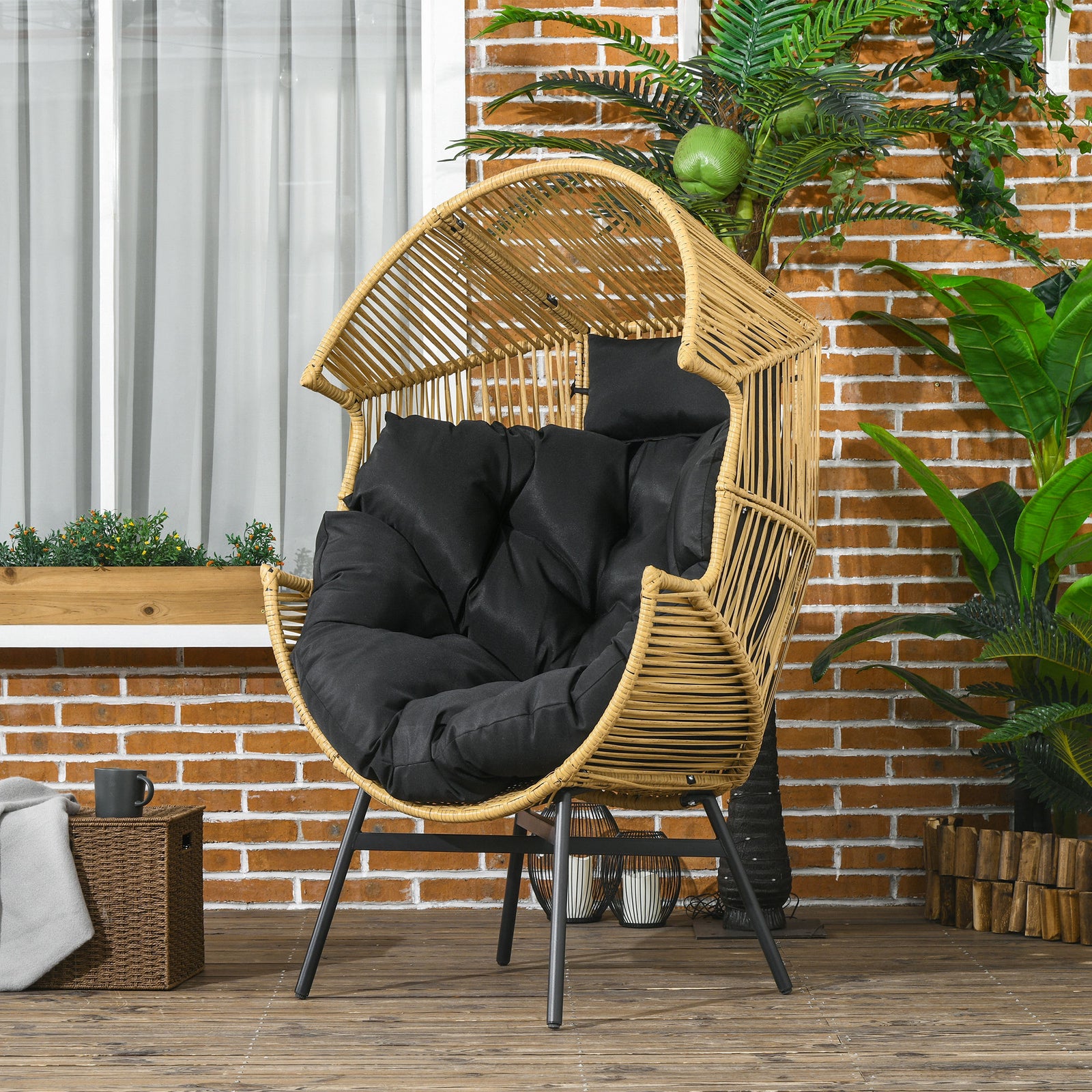Rattan Leisure Chair W/ Cushion, Garden Egg Chair W/headrest | Brown