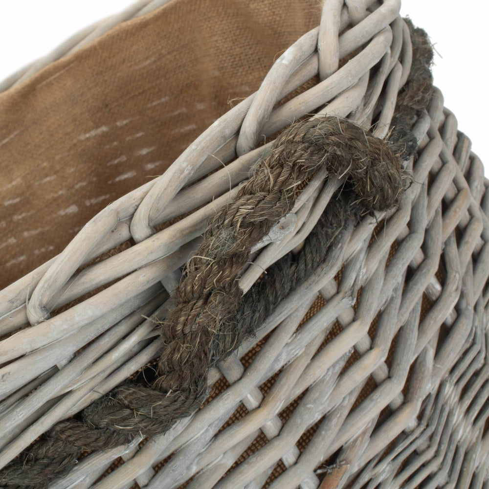 Set Of 3 Wicker Grey Wash Round Hessian Lined Log Basket