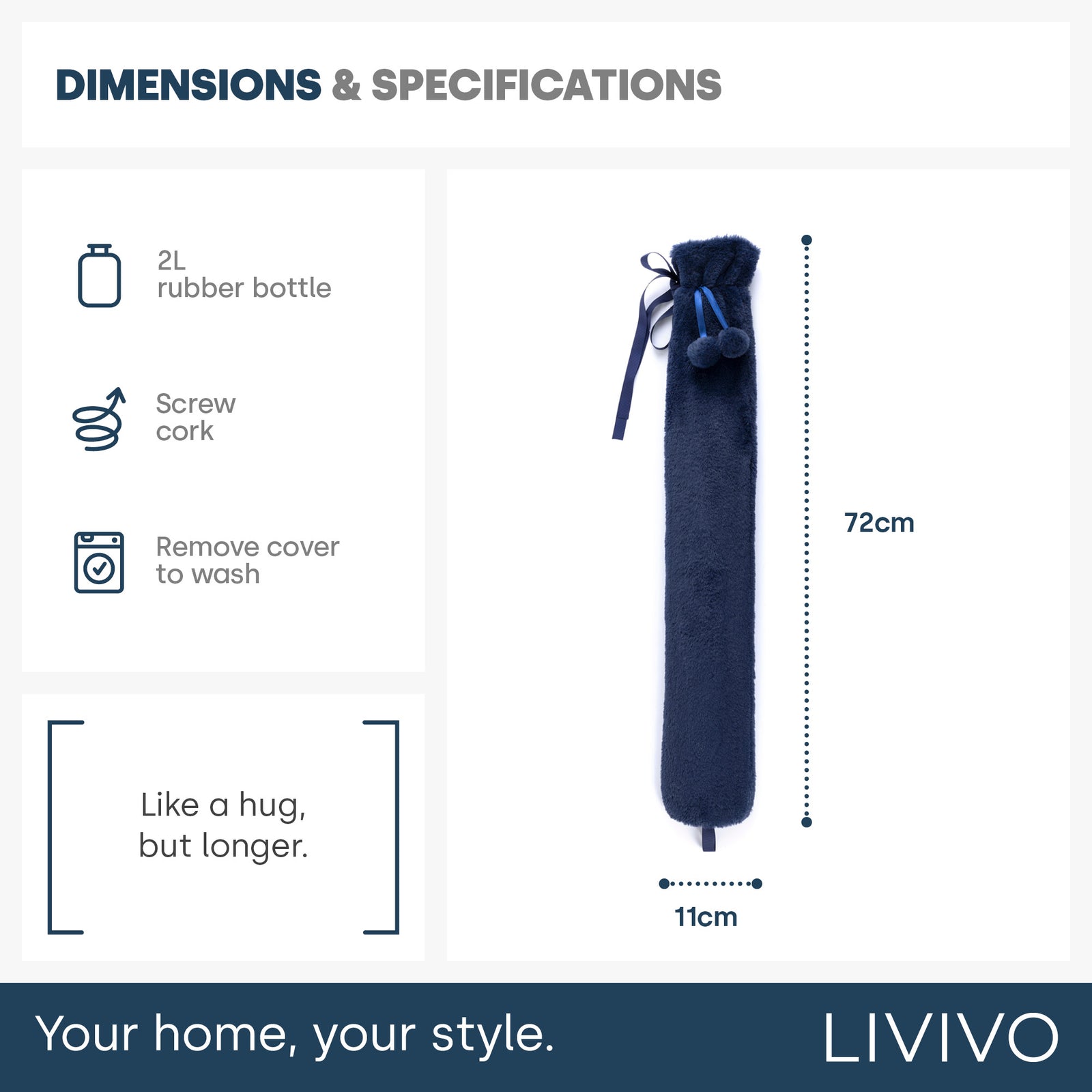 Wrap-around Long Hot Water Bottle - Navy Plush