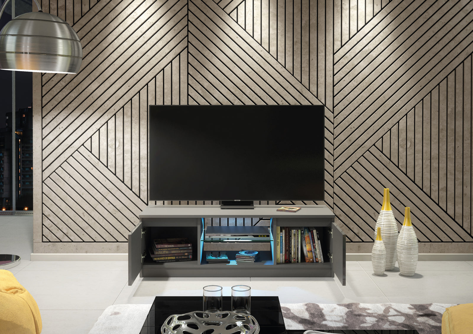 Aura Tv Unit 120cm With Led Lights | Large-Medium | Dark Grey