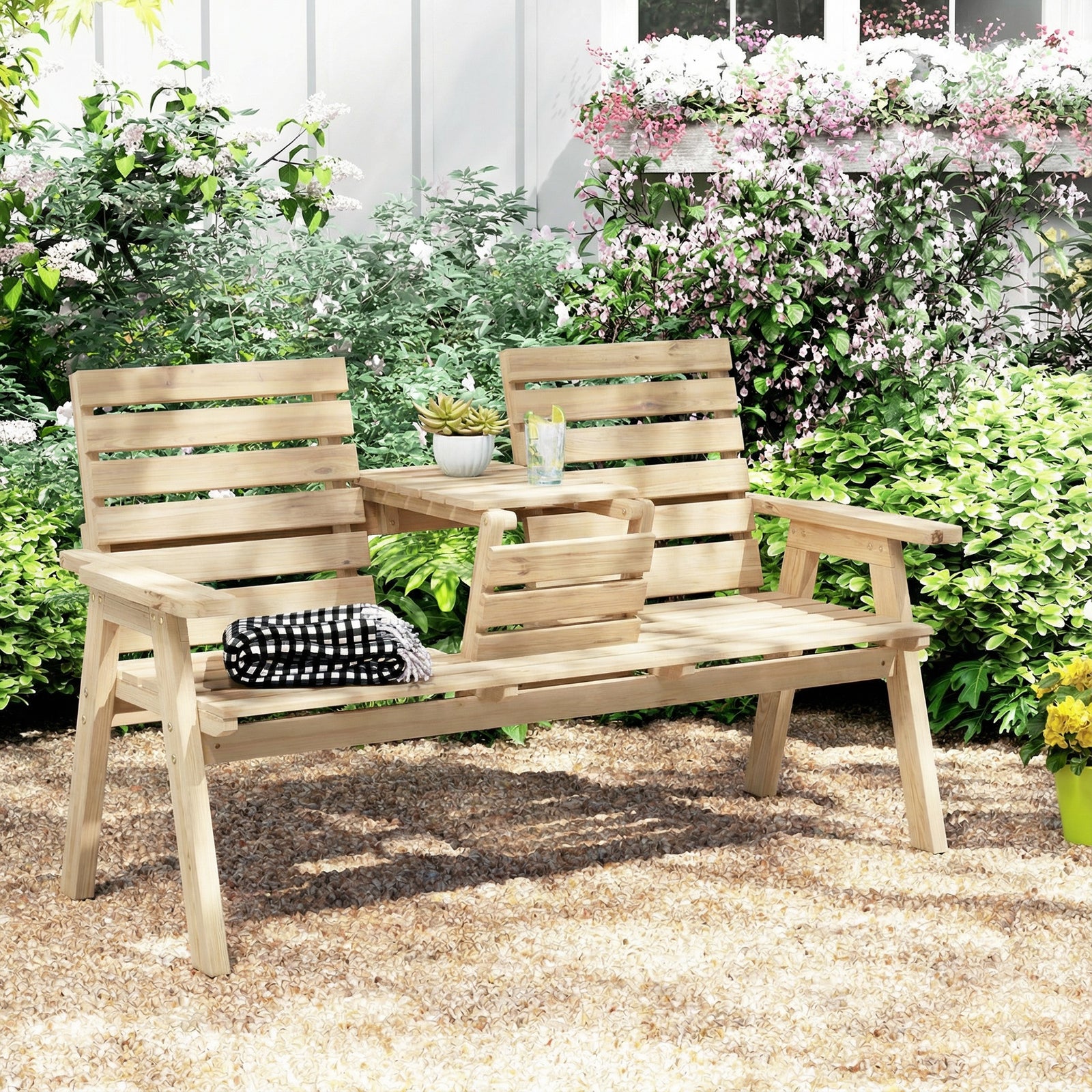 Outsunny Convertable 3-seater Wood Bench Table Garden W/ Armrests Natural