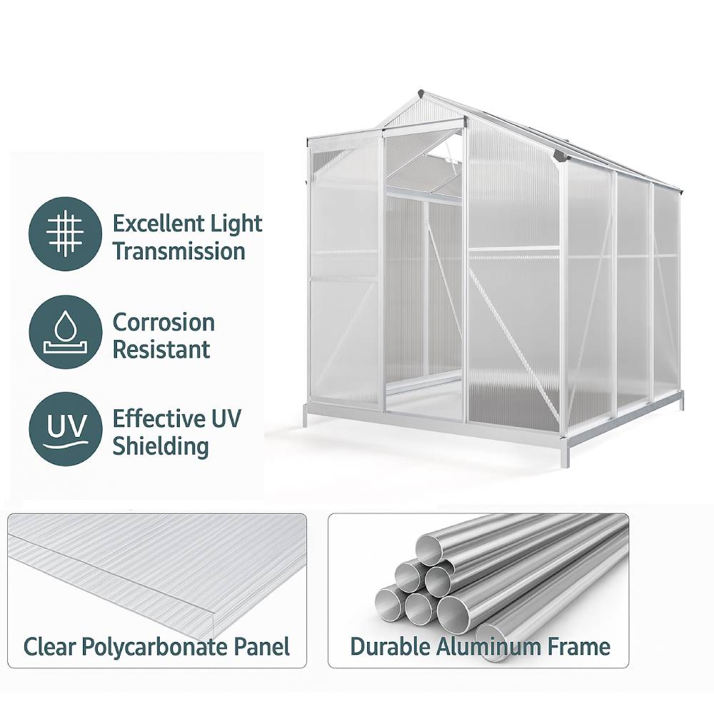 Polycarbonate Greenhouse With Base– Aluminium Frame Walk-in Greenhouse With Sliding Door & Ventilation Window For Plants & Flowers | Medium | Clear