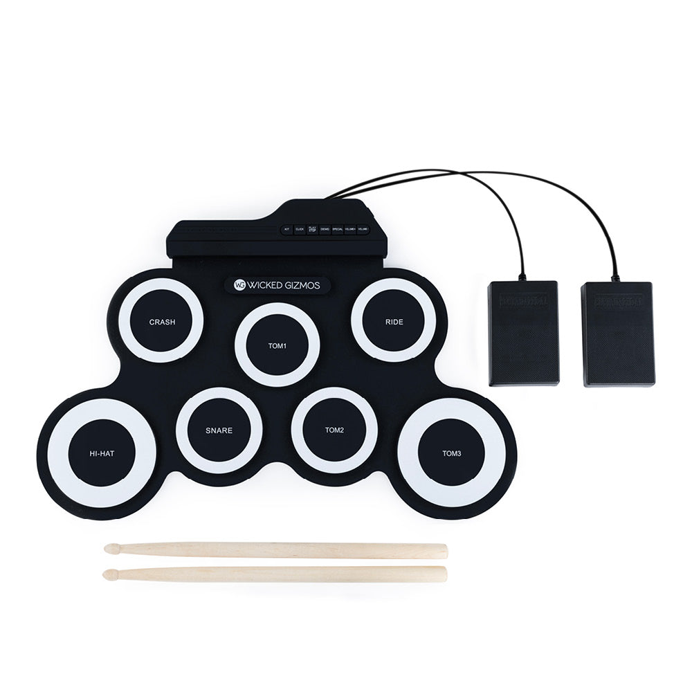Wicked Gizmos Electronic Drum Kit Roll Up Mat With Demo Songs And Sticks White