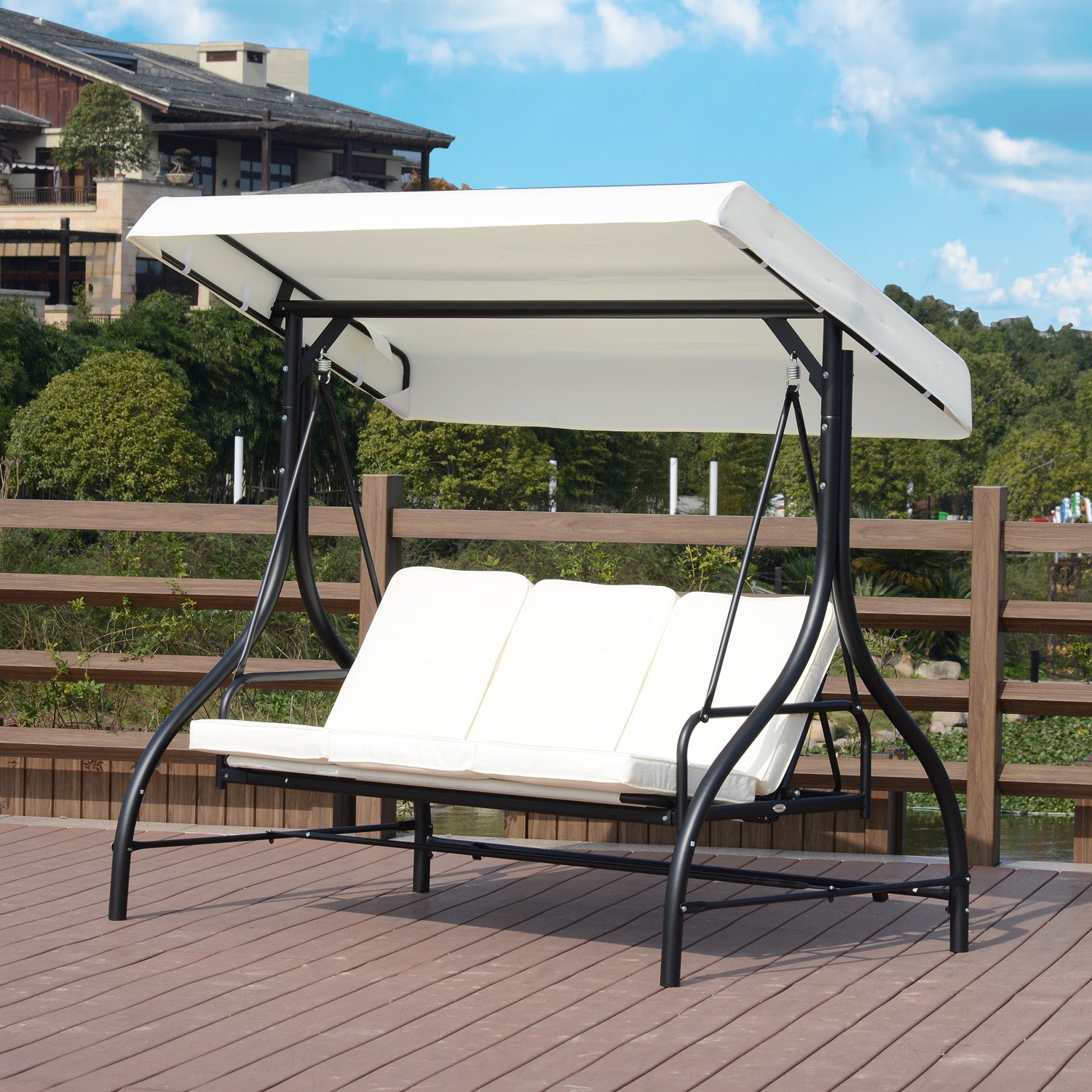 3 Seater Canopy Swing Chair Porch Hammock Bed Rocking Bench | Cream