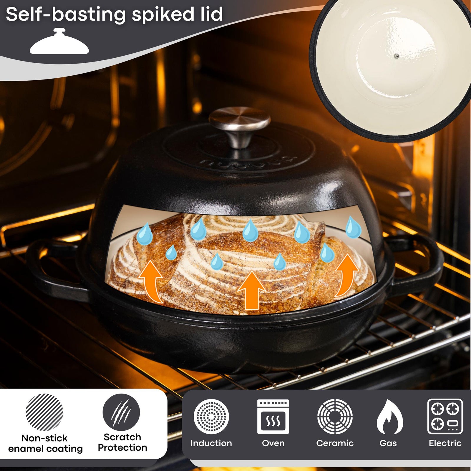 Enamelled Cast Iron Dutch Oven Bread Pot, 22cm (5.6l) | Black