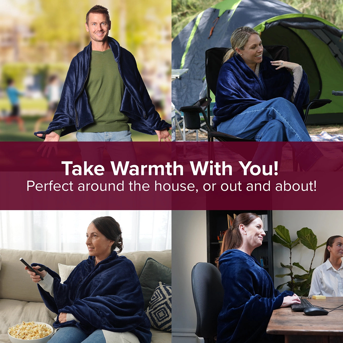 2-in-1 Heated Shawl & Blanket with Rechargeable Battery Pack | Navy Blue