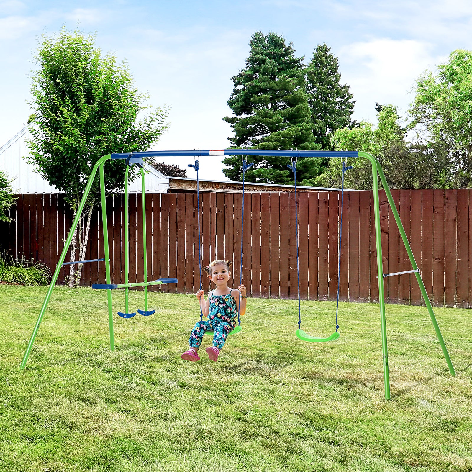 Metal 2 Swings & Seesaw Set Height Adjustable Outdoor Play Set | Green