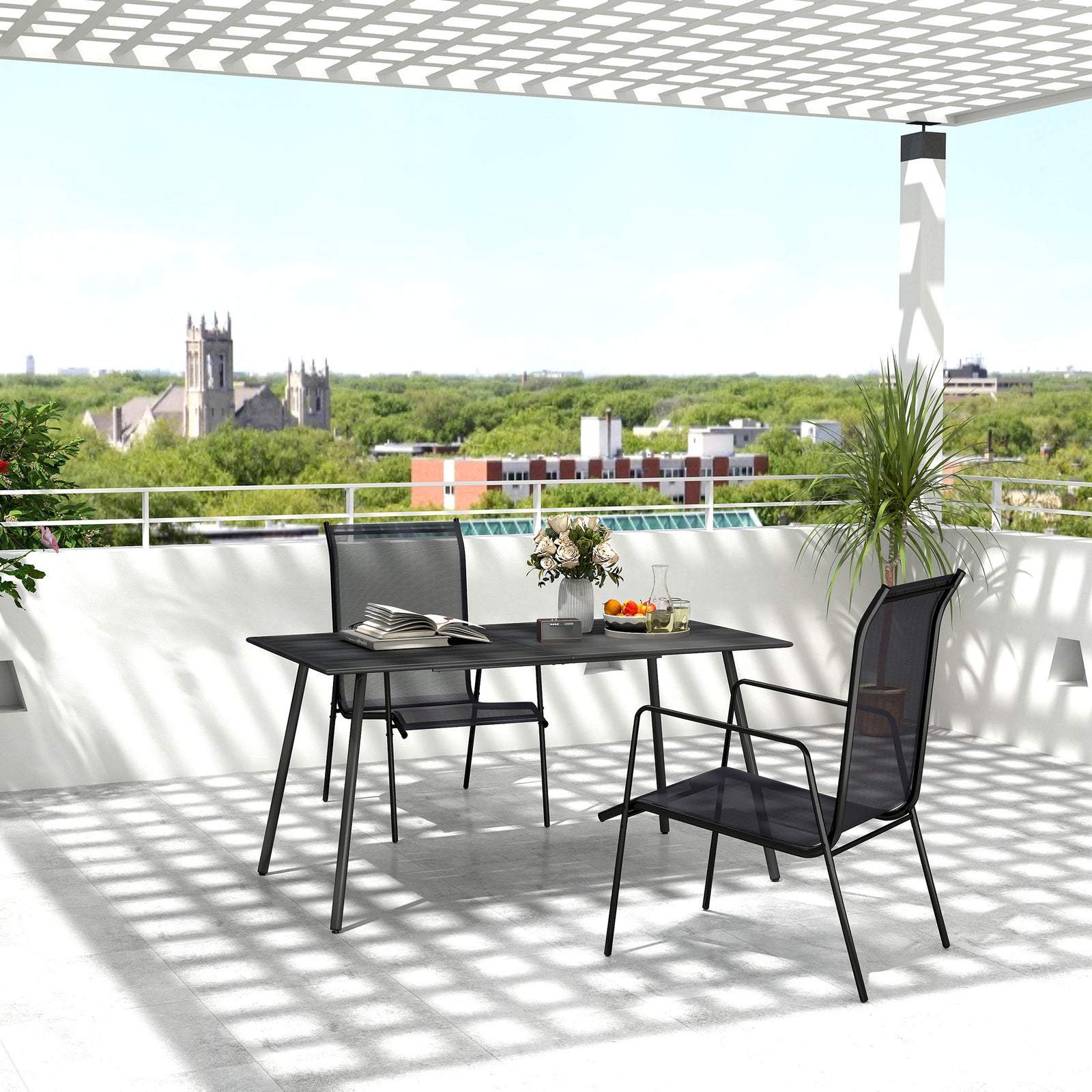 Garden Table For 4/6 Person W/ Slat Top, Steel | Large | Black