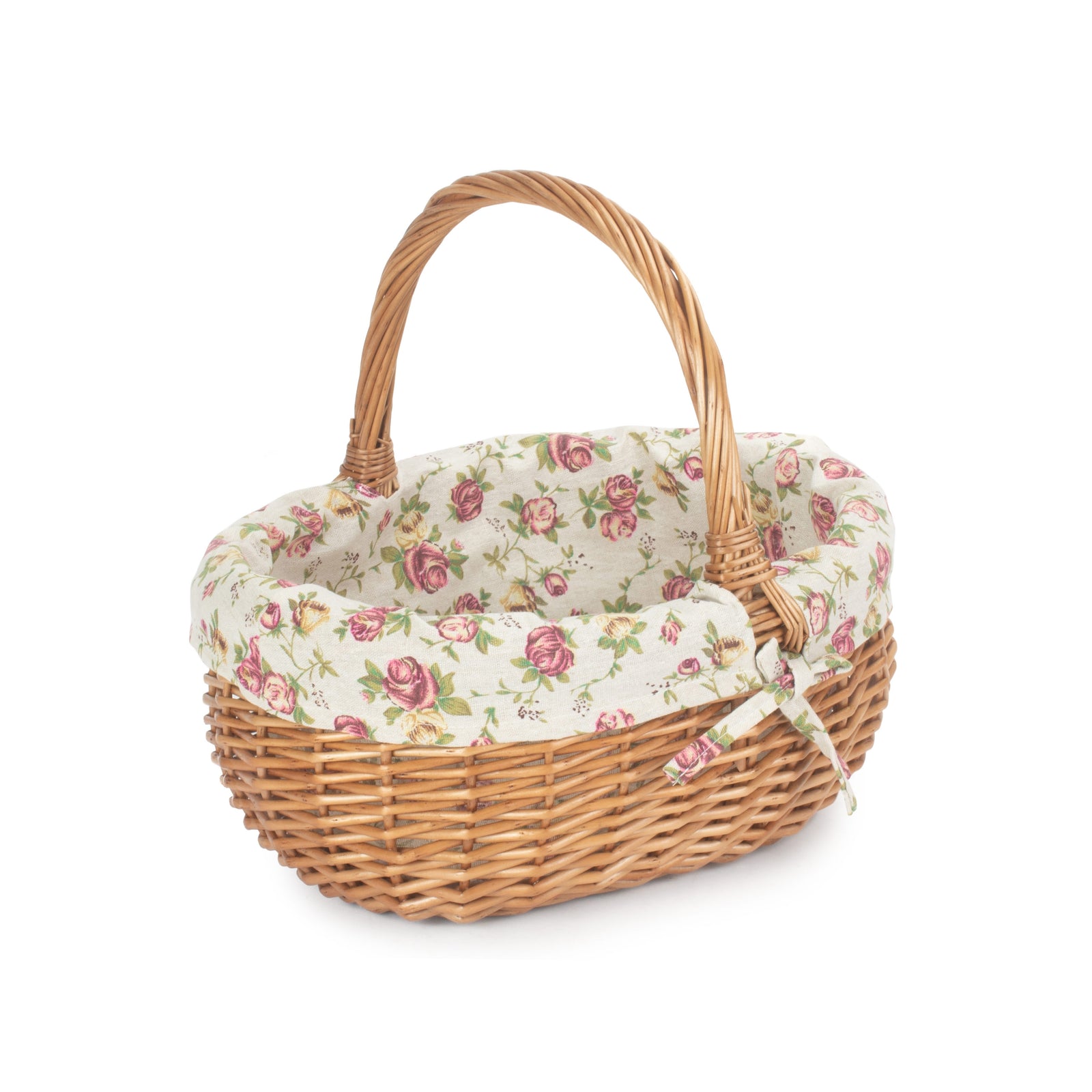 Garden Rose Cotton Lined Deluxe Wicker Shopping Basket | Small | Pink