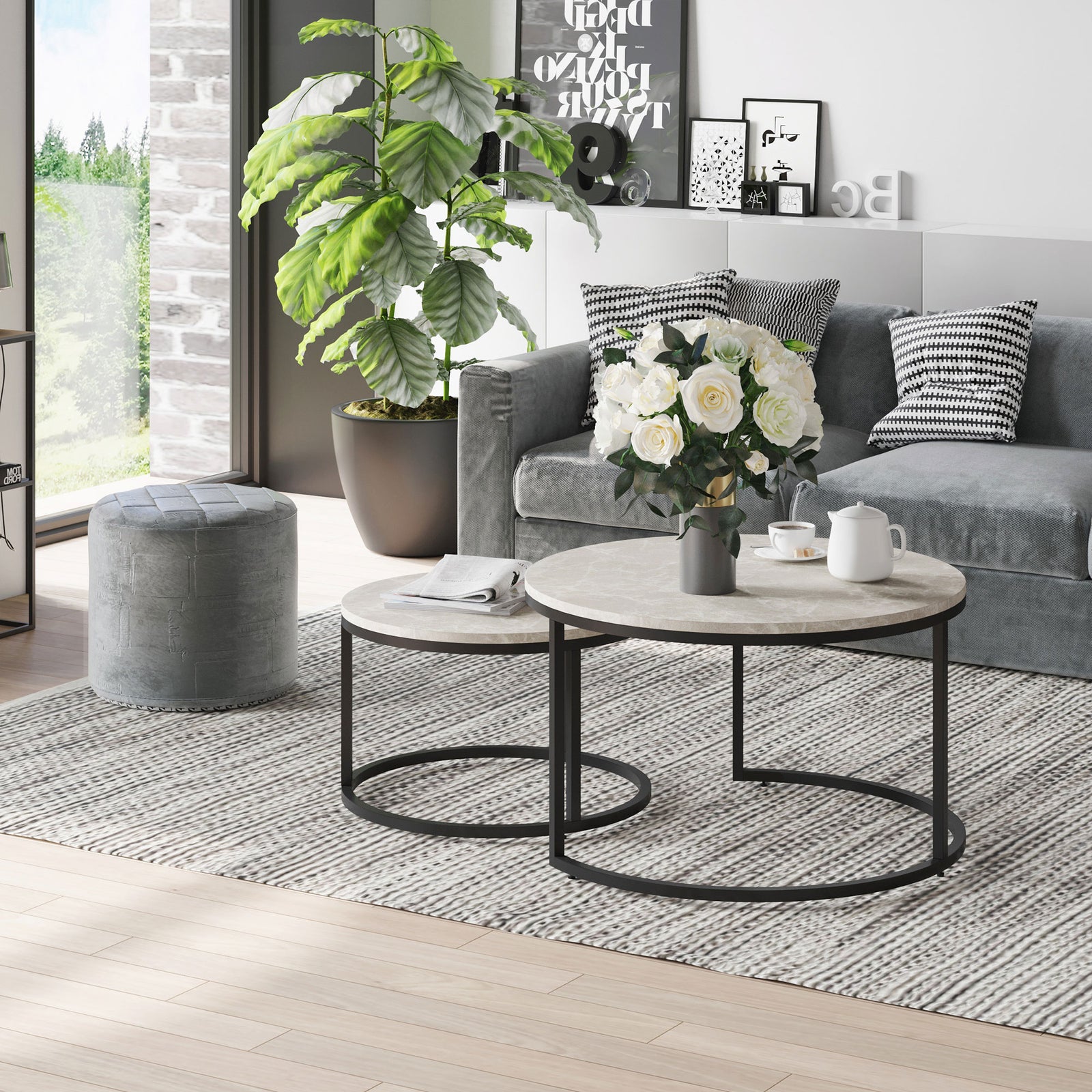 Stacking Coffee Tables Set, Marble Effect | Dove Gray