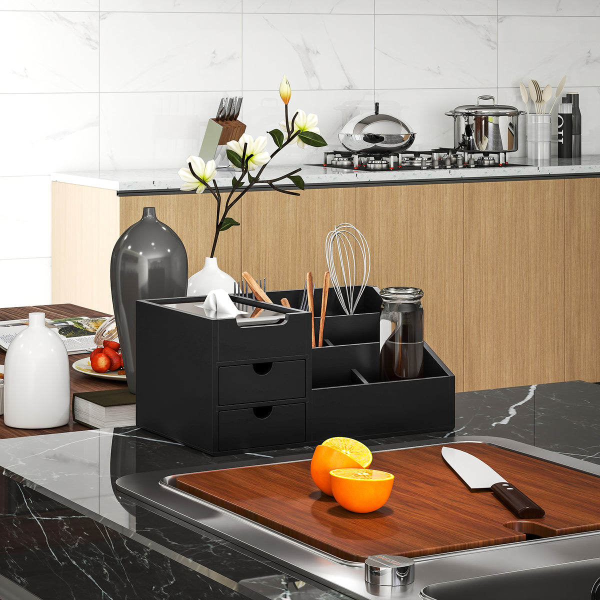 HOMCOM Organiser Holder Multi-function Storage Caddy Drawers Black