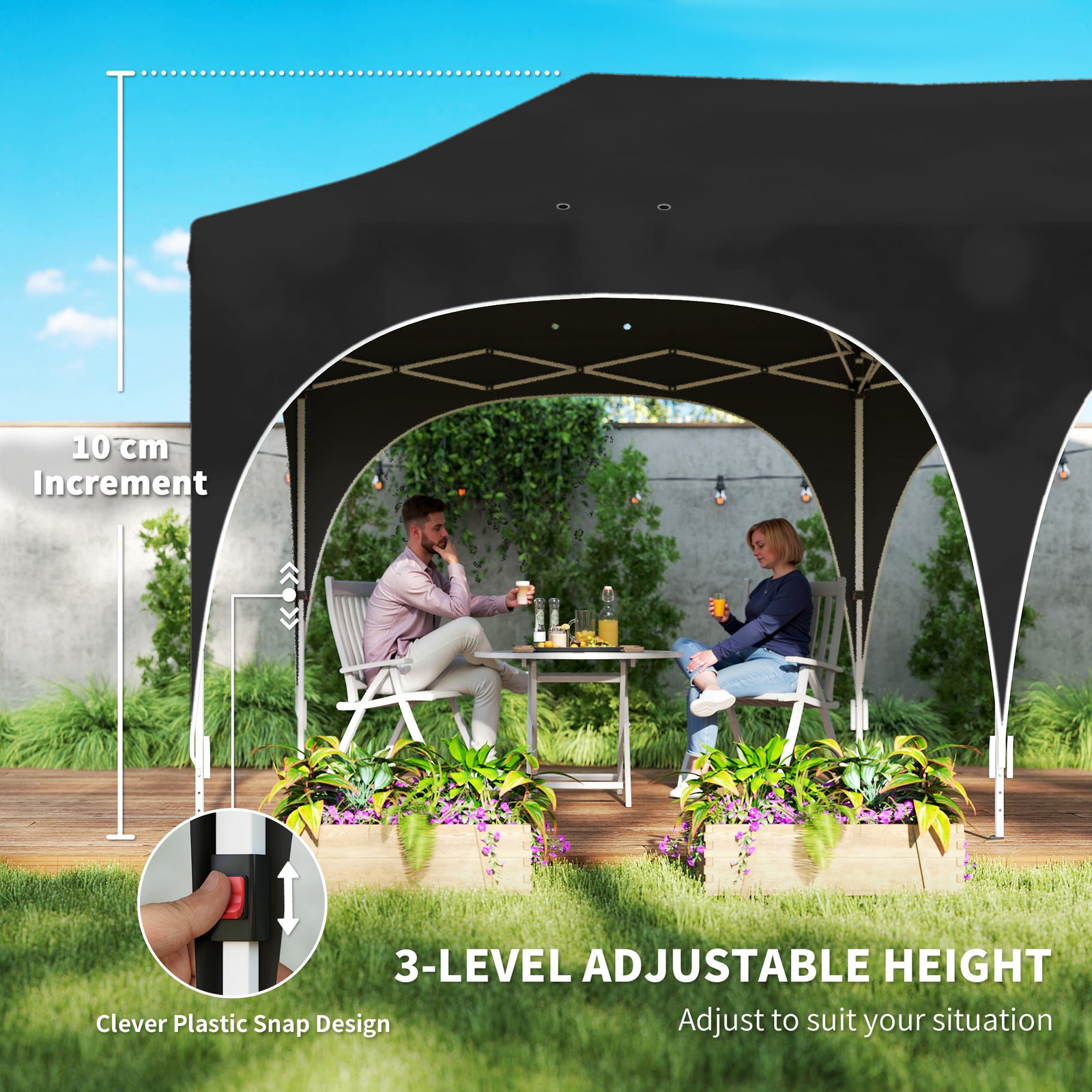 3 X 6m Pop Up Gazebo With Sides, Peak Top Garden Party Tent Marquee | Black