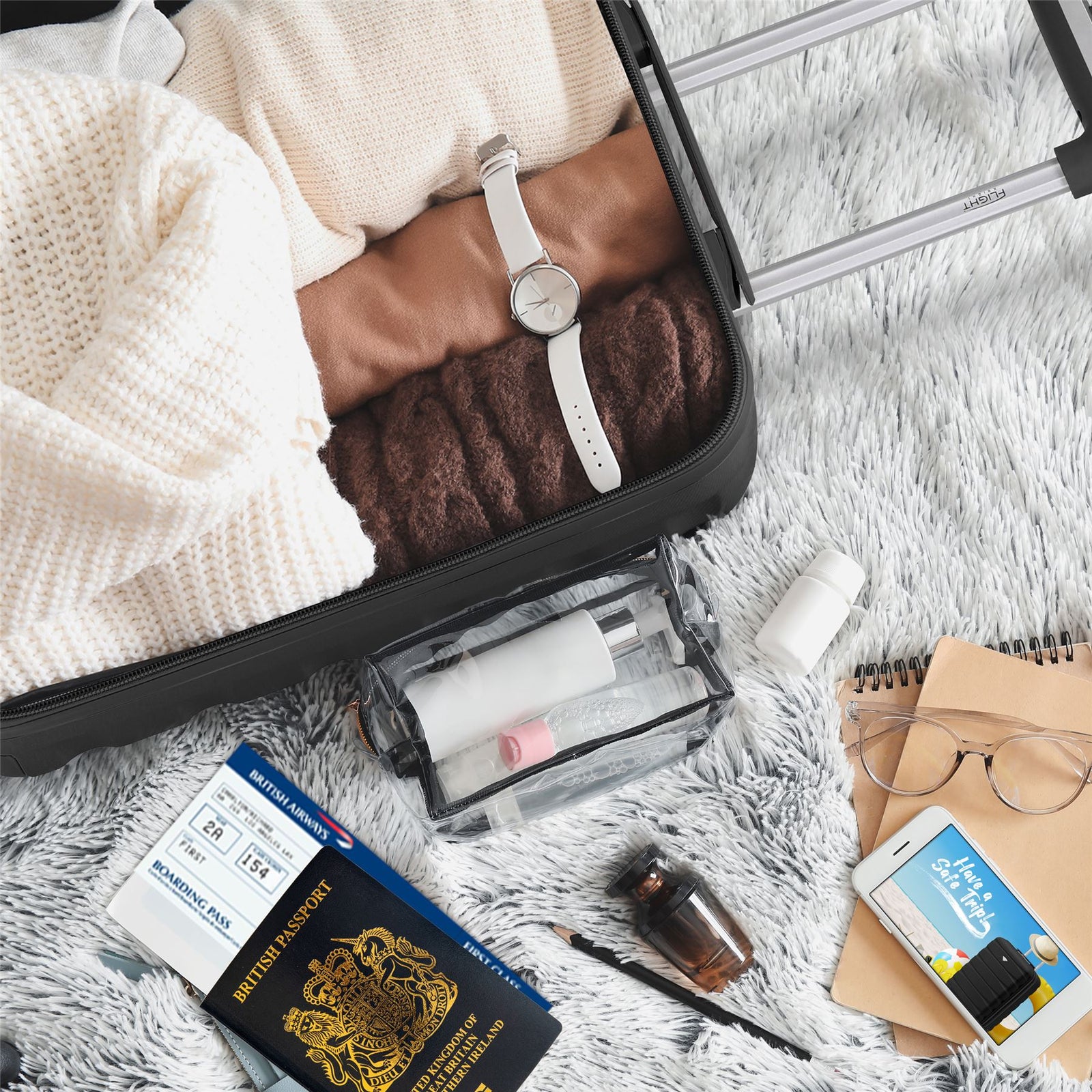 55x40x20cm Lightweight Luggage Hard Shell Cabin Suitcase 60+ Airlines Approved - Carry On Case - 4 Wheels | 55 x 40 x 20cm | Black & Silver