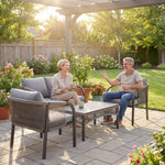 4 Piece Rattan Garden Furniture Set W/ Steel Frame, Cushions, Grey