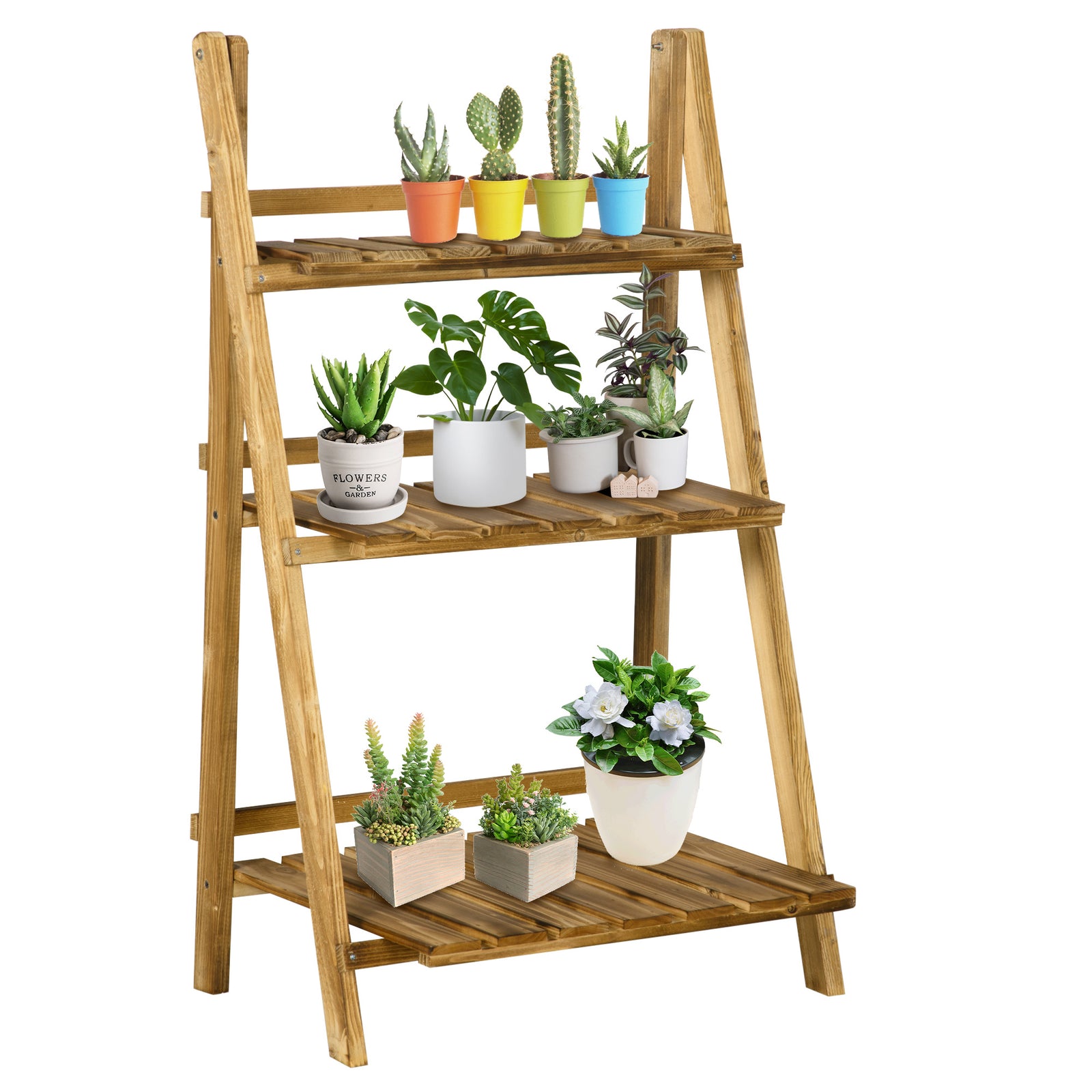 Flower Stand Plant Display Rack 3-tier Foldable Wood Garden | Medium | Brown