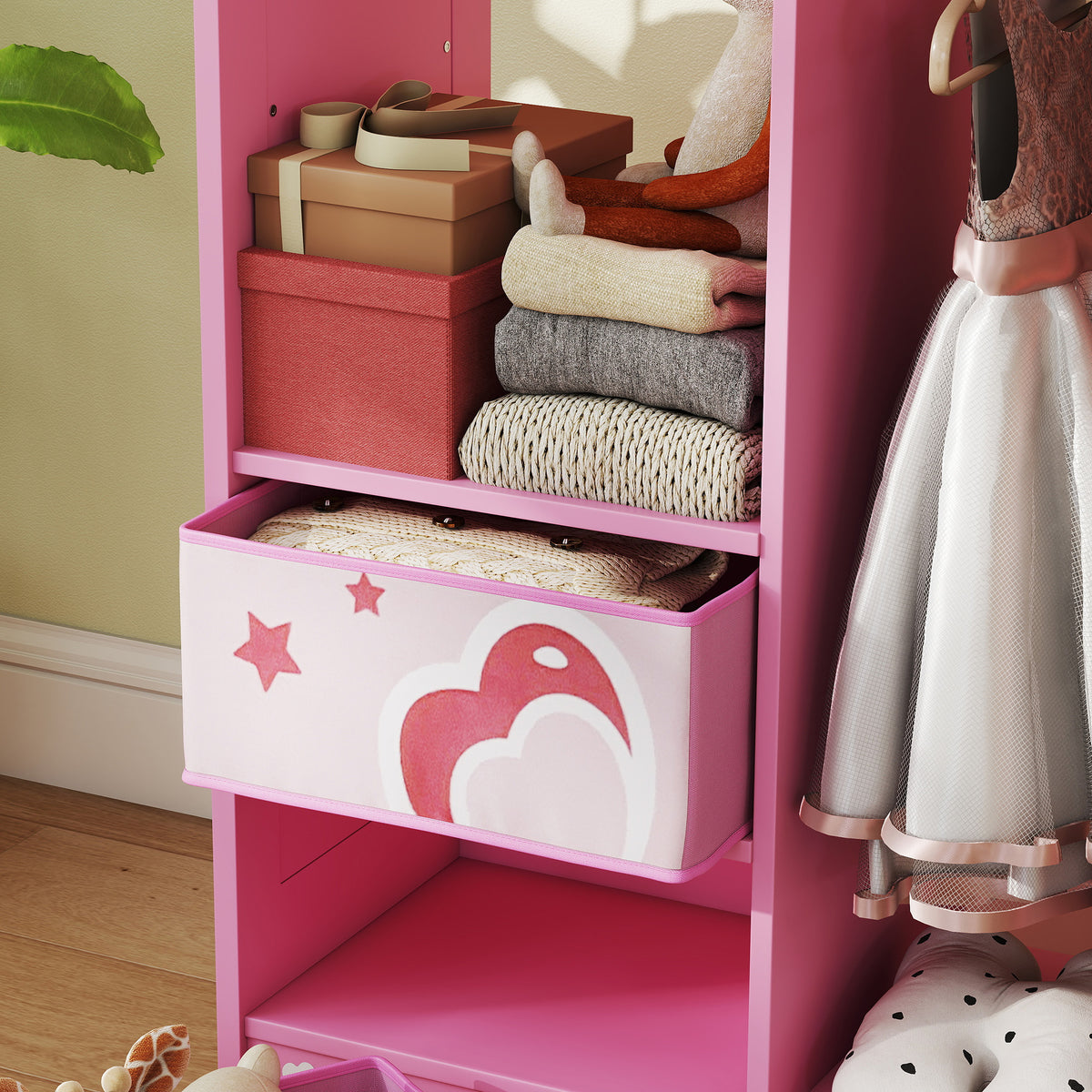 AIYAPLAY Kids Wardrobe, Kids Clothes Rail With Mirror For Bedroom, Pink