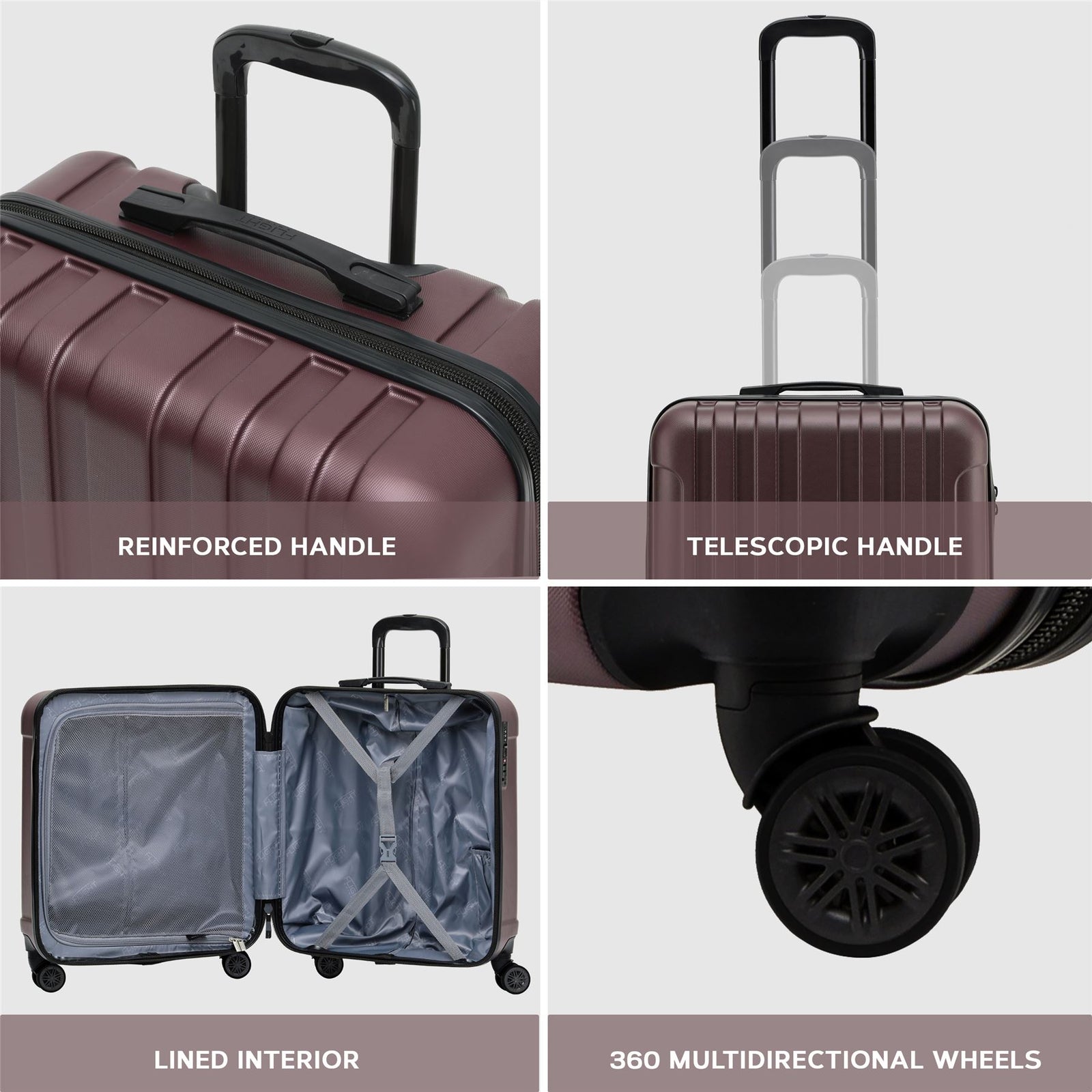 56x45x25cm Large Cabin Carry On Case - Overhead Luggage Suitcase - 4 Spinner Wheels - Abs Hard Shell Cabin Bag | Cabin | Burgundy
