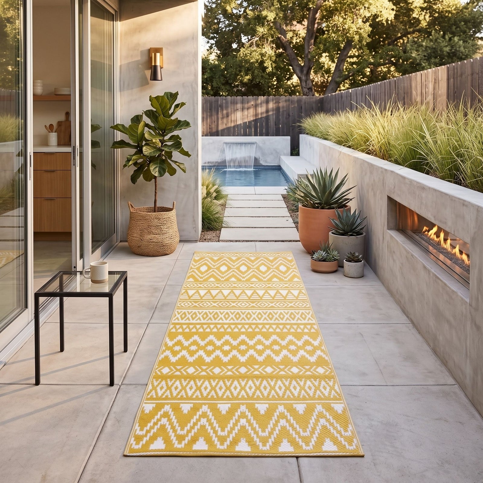 Luxury Outdoor Rug Waterproof Reversible For Garden Patio 100% Recycled, Yellow Anna Aztec | 75cm x 200cm | Yellow