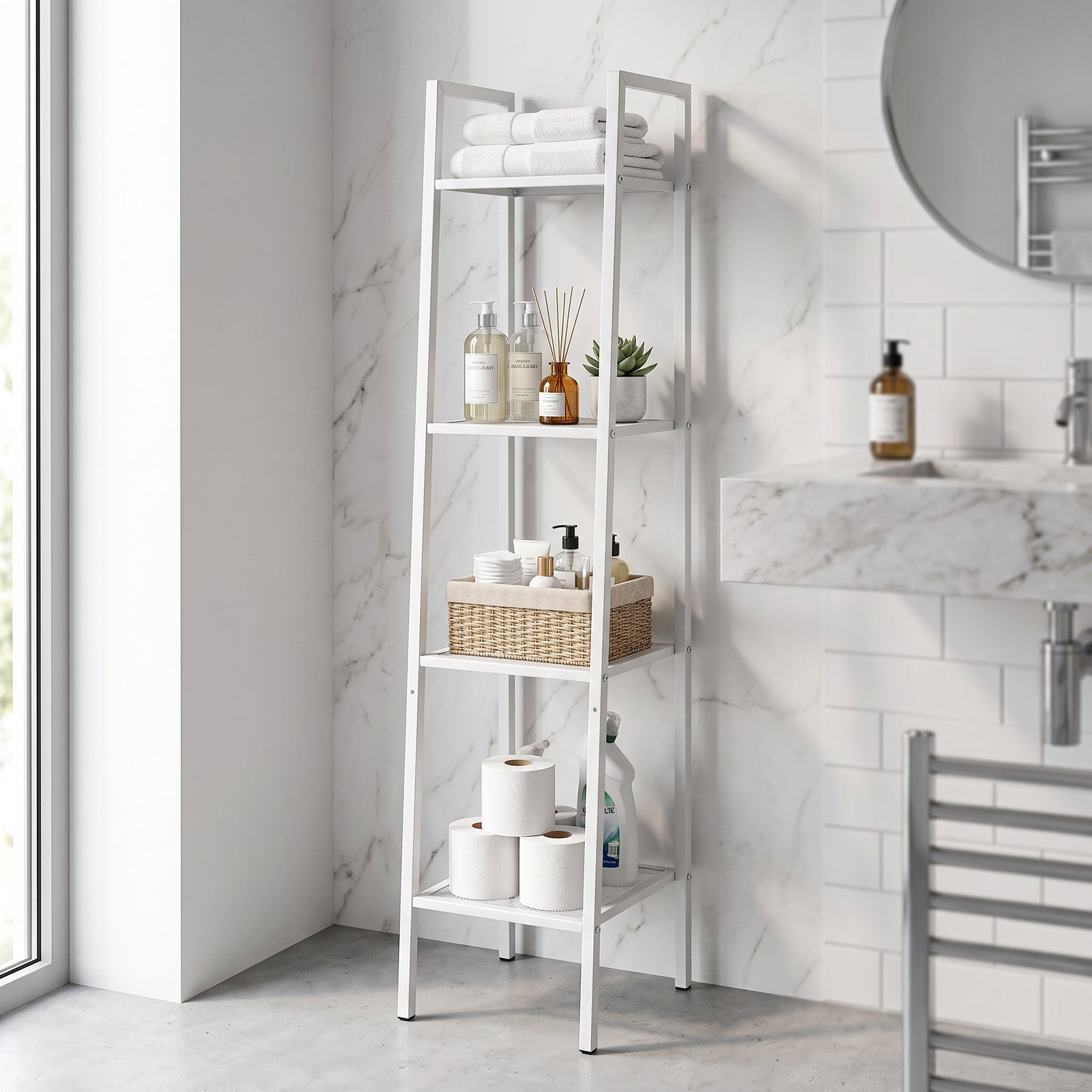 4-tier Freestanding Metal Ladder Shelf With Mesh Shelves | White