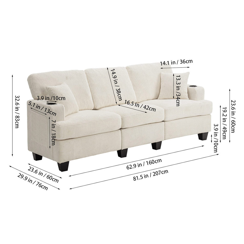 Corduroy 3-seater Couch For Living Room With Cup Holders, Wooden Frame, Soft Cushions, Modern Sofa | Beige