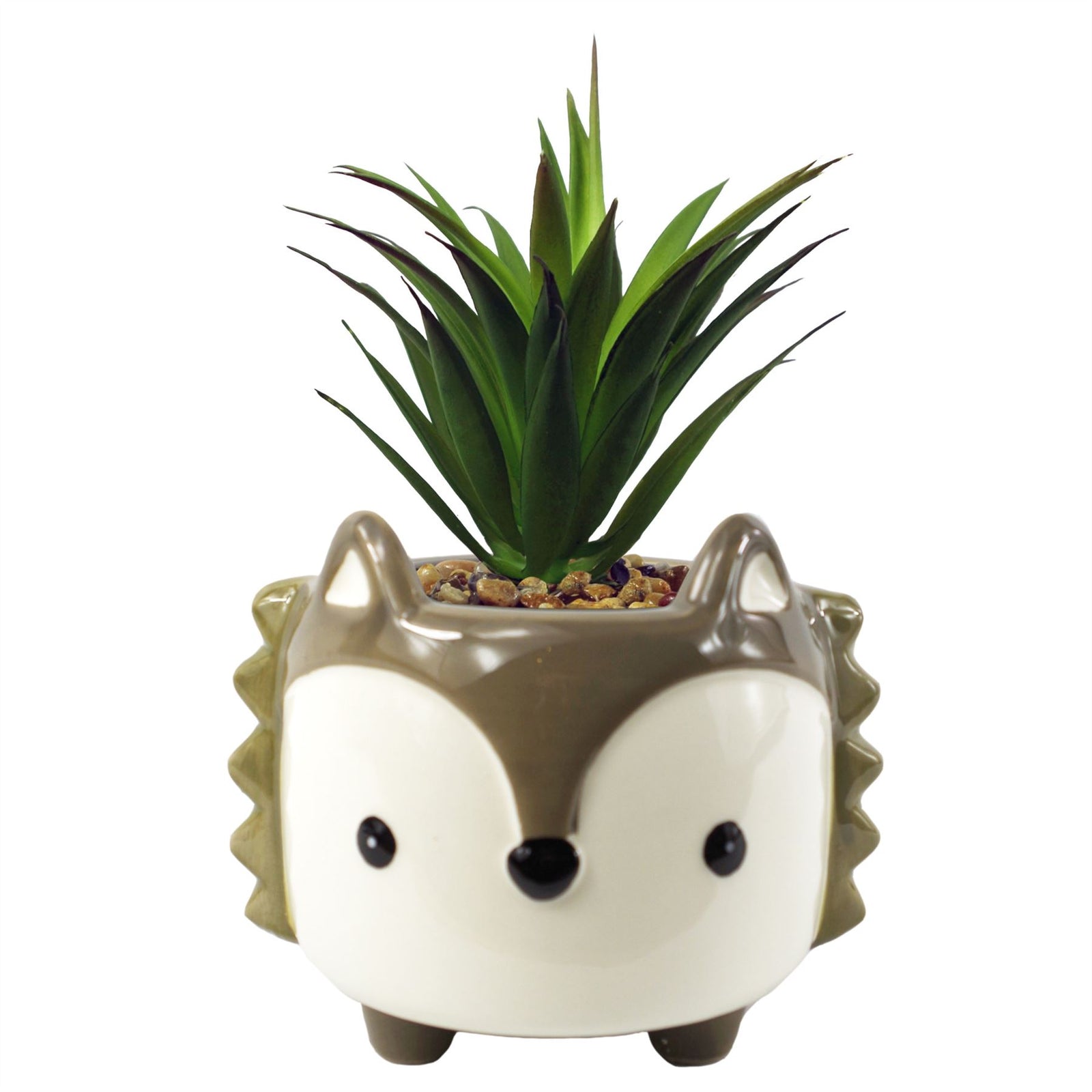 18cm Ceramic Grey Fox Planter With Artificial Dracaena Plant
