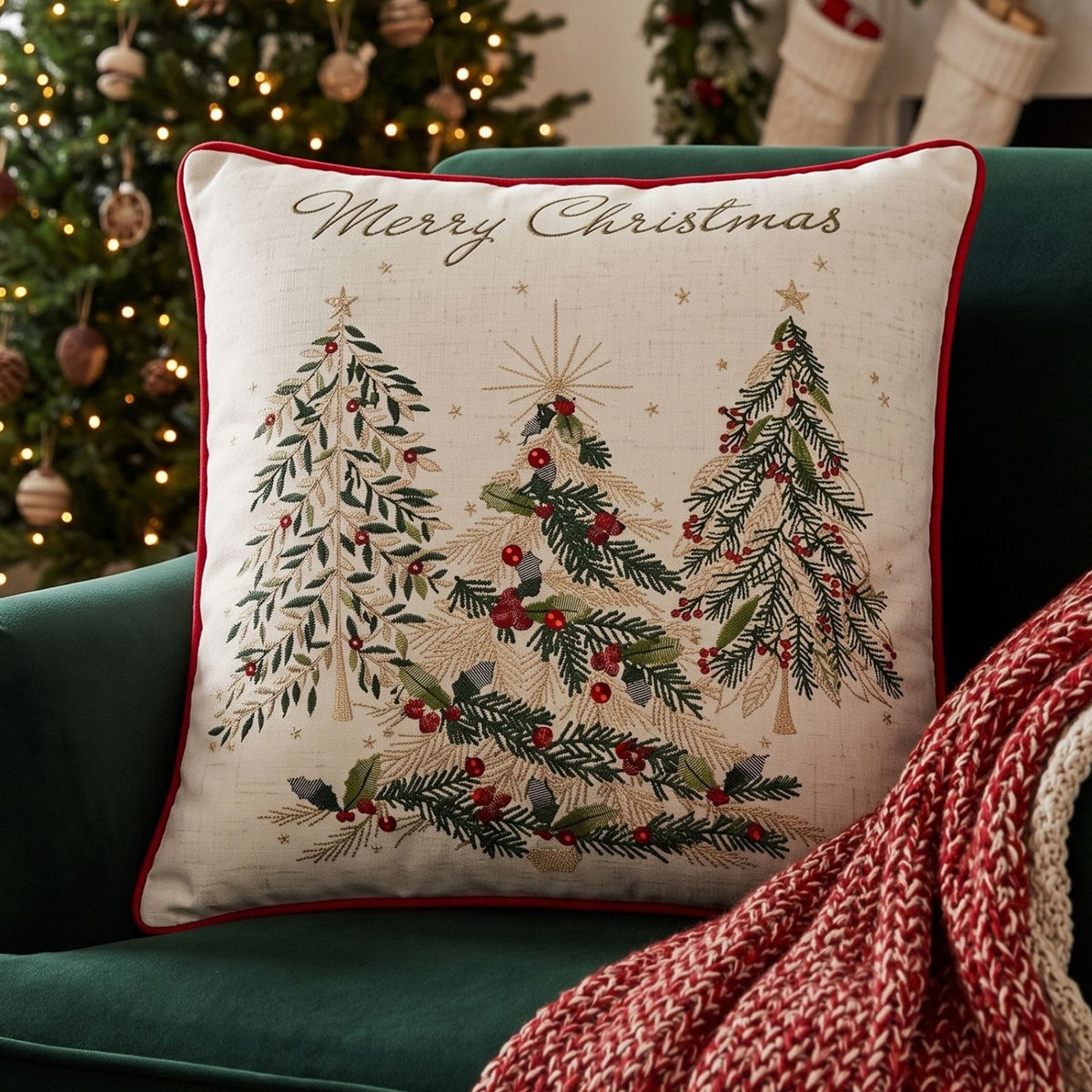 Woven Christmas Trees Cushion With Cover, 45x45cm
