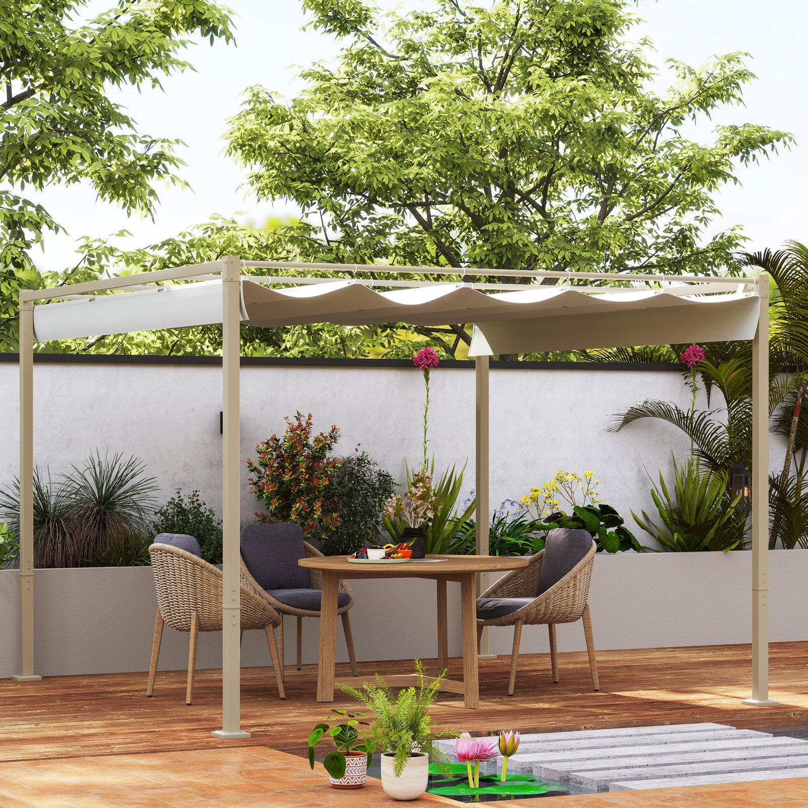 3x3m Pergola With Retractable Roof, Magnetic, Khaki | Khaki