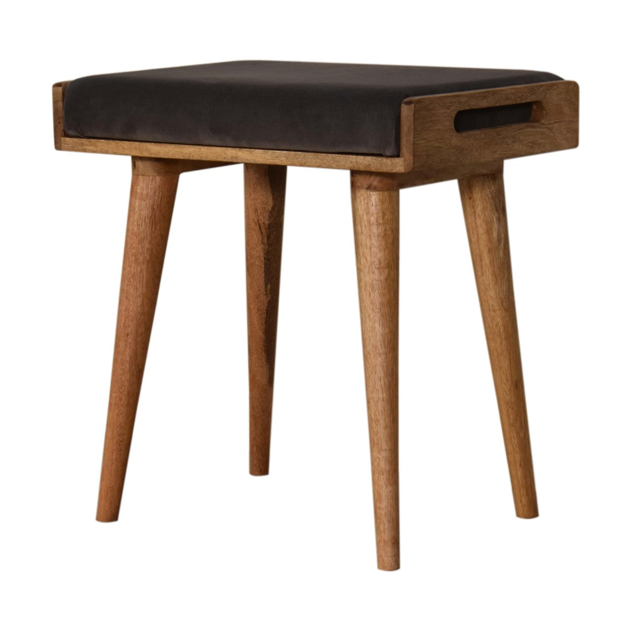 Solid Mango Wood Grey Velvet Tray Style Footstool