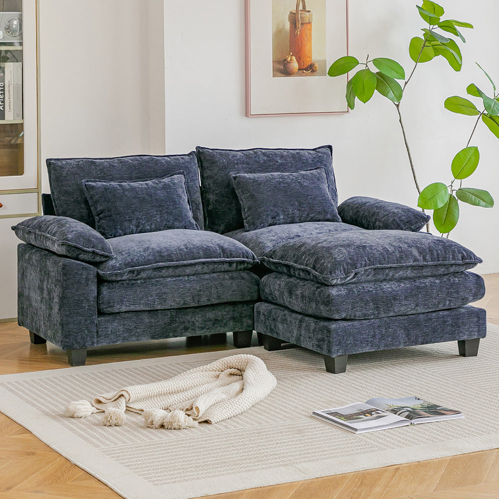 Chenille Sectional Sofa With Ottoman And Lumbar Pillows | Blue