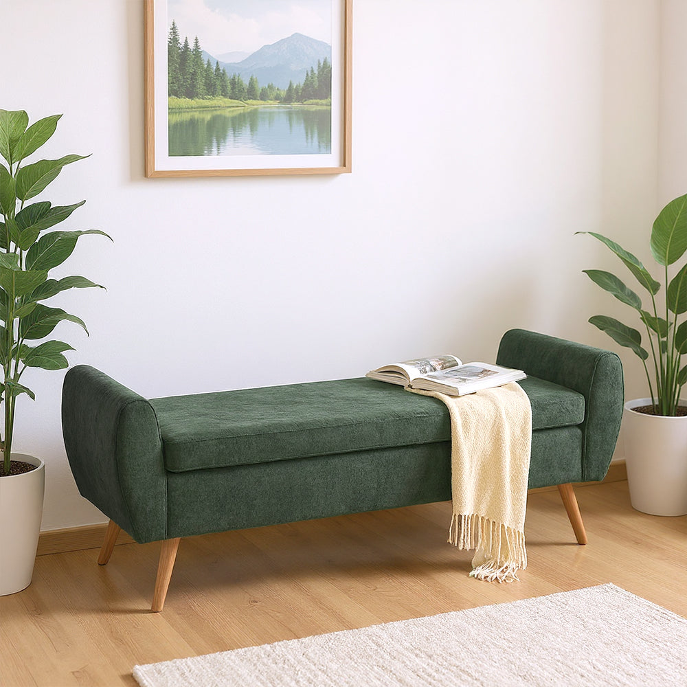 Chenille Upholstered Storage Bench – Extra Long Entryway Bench With Hidden Compartment, 153 X 46 X 54 Cm | Green