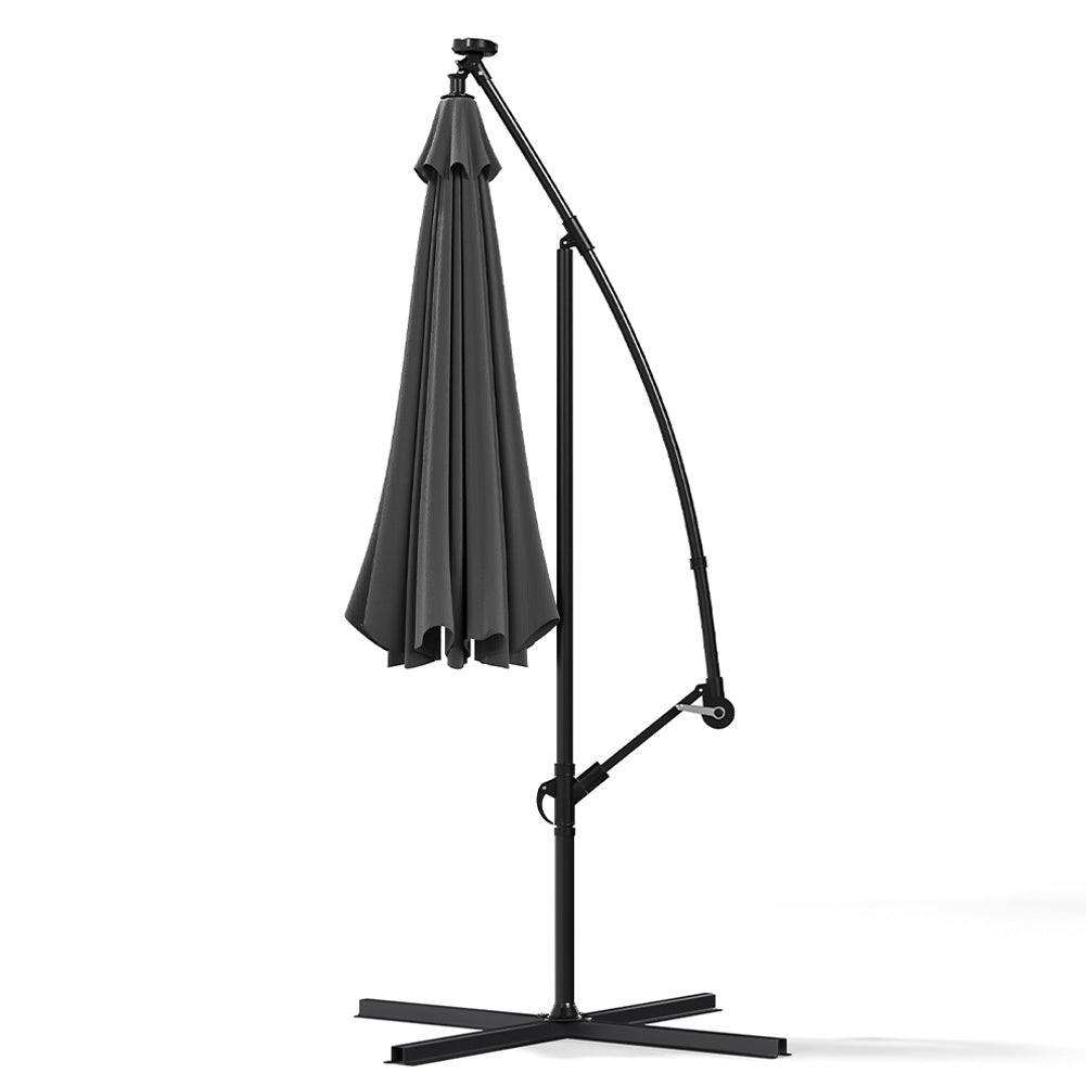 3 M Banana Patio Umbrella Cantilever Garden Parasol With Solar-powered 32 Led Lights, Crank For Opening Closing With Cross Base & Fillable Base | One Size | Dark Grey