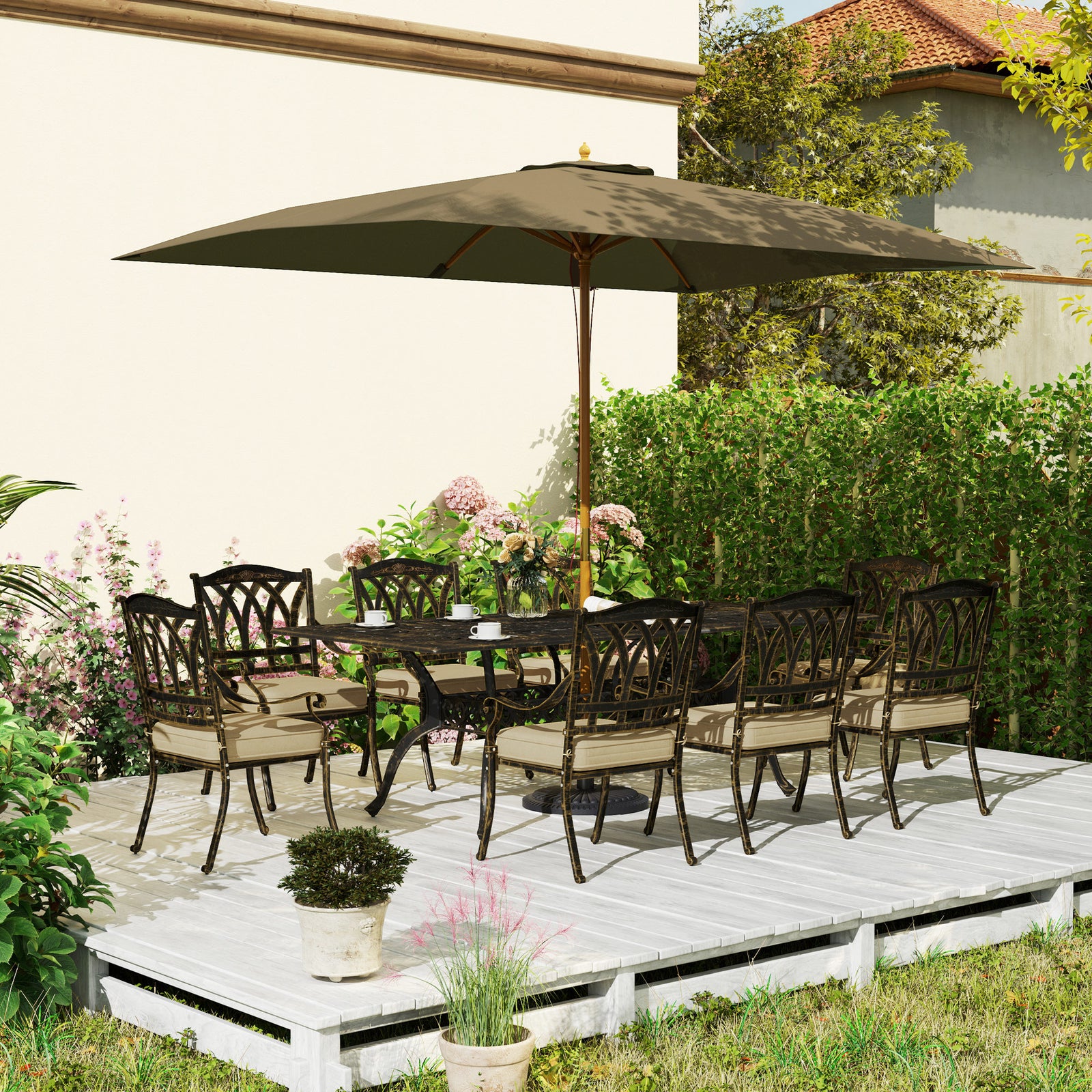 9 Pieces Cast Aluminium Garden Dining Set W/ Parasol Hole