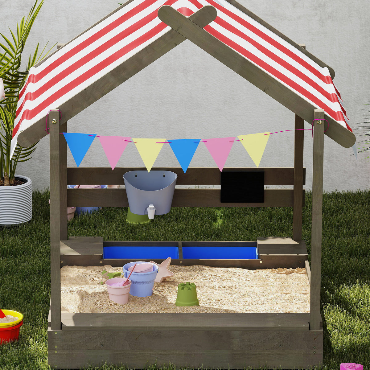 Sand Pit With Canopy, Blackboard, Toys, Sink, Seats, Flags For Kids | Grey