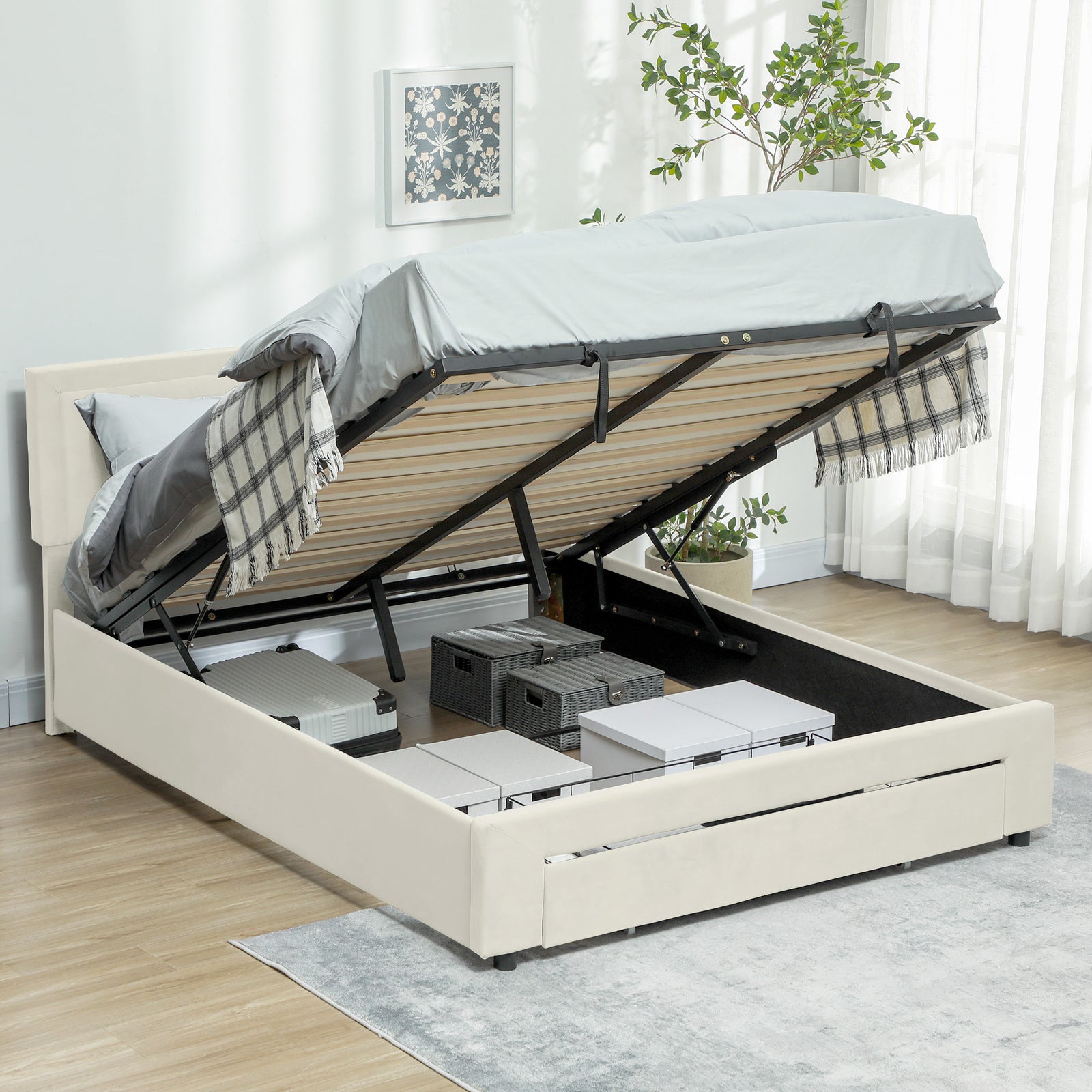 Double Bed Frame With Storage And Adjustable Velvet Headboard | Cream