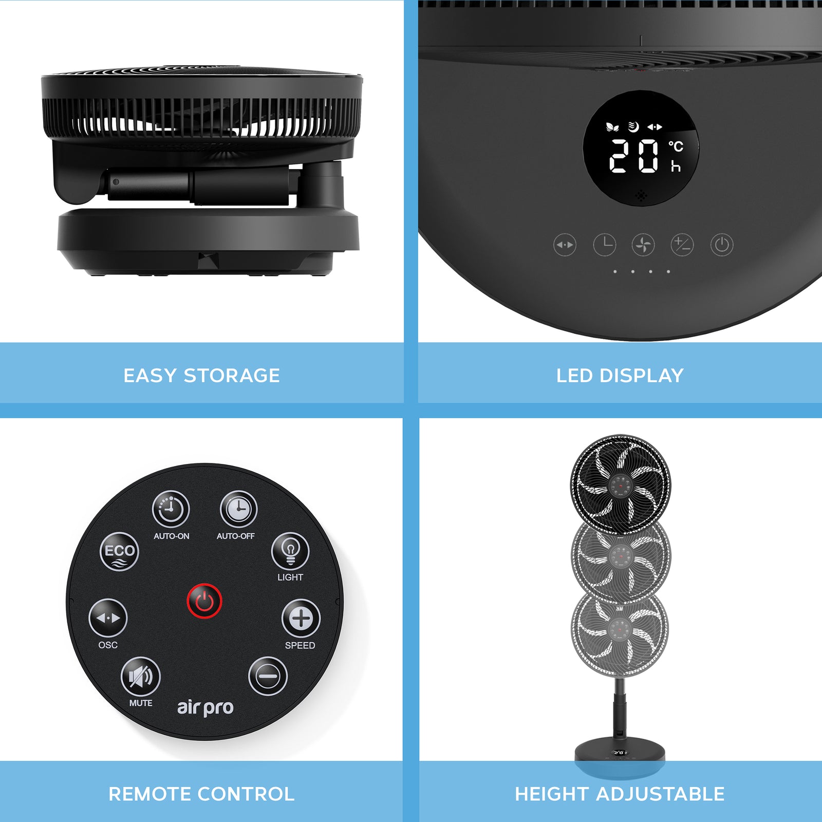 13.5'' Pedestal Fan With Remote Control - Oscillating & Portable Foldable Height Adjustable Cooling Led Display 12 Speed Turbo Quiet Circulation For Bedroom, Homes Office | Black