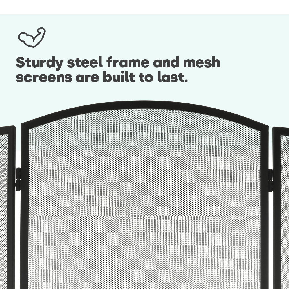 Livivo 3 Panel Fire Screen Folding Black Steel Mesh Protector For Home