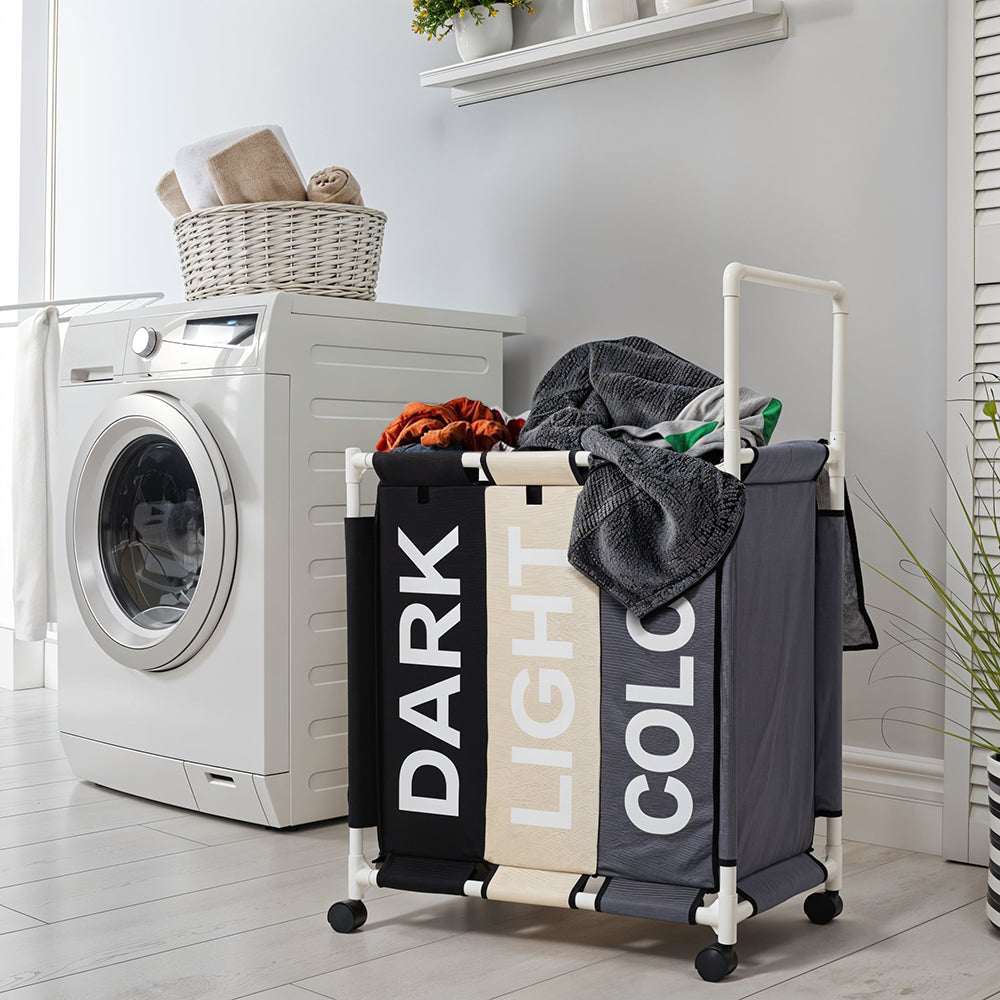 110l 3-section Laundry Basket With Lid And Wheels