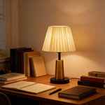 Breeins Modern Nordic Table Lamp With Pleated Fabric Shade, Black & Gold Metal Base