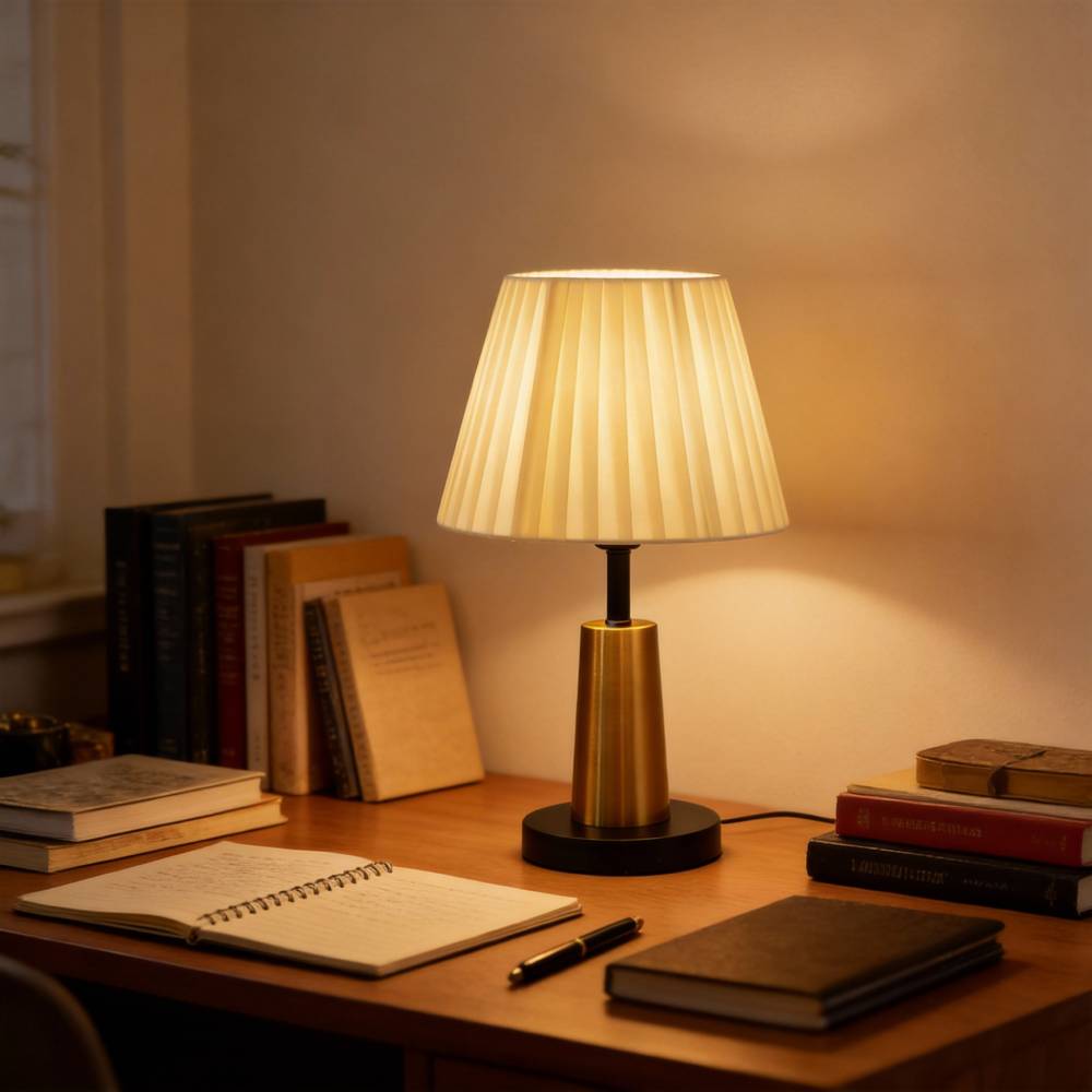 Breeins Modern Nordic Table Lamp With Pleated Fabric Shade, Black & Gold Metal Base