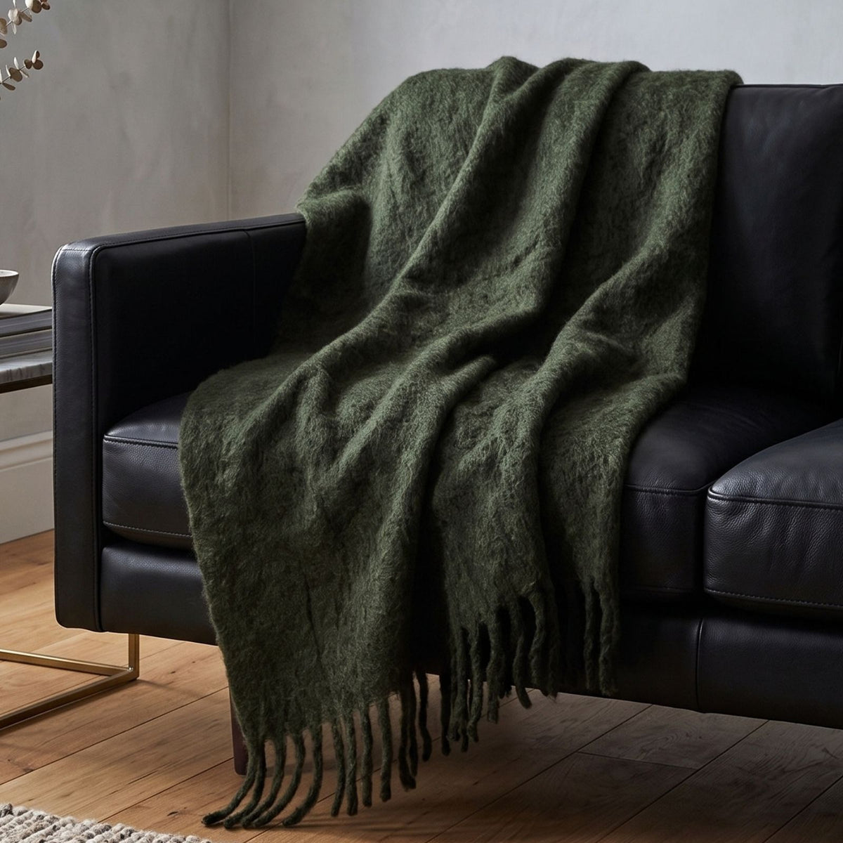 Pure Handmade Halo Wool Blend Bed & Sofa Throw Blanket | 130cm x 170cm | Forest Green