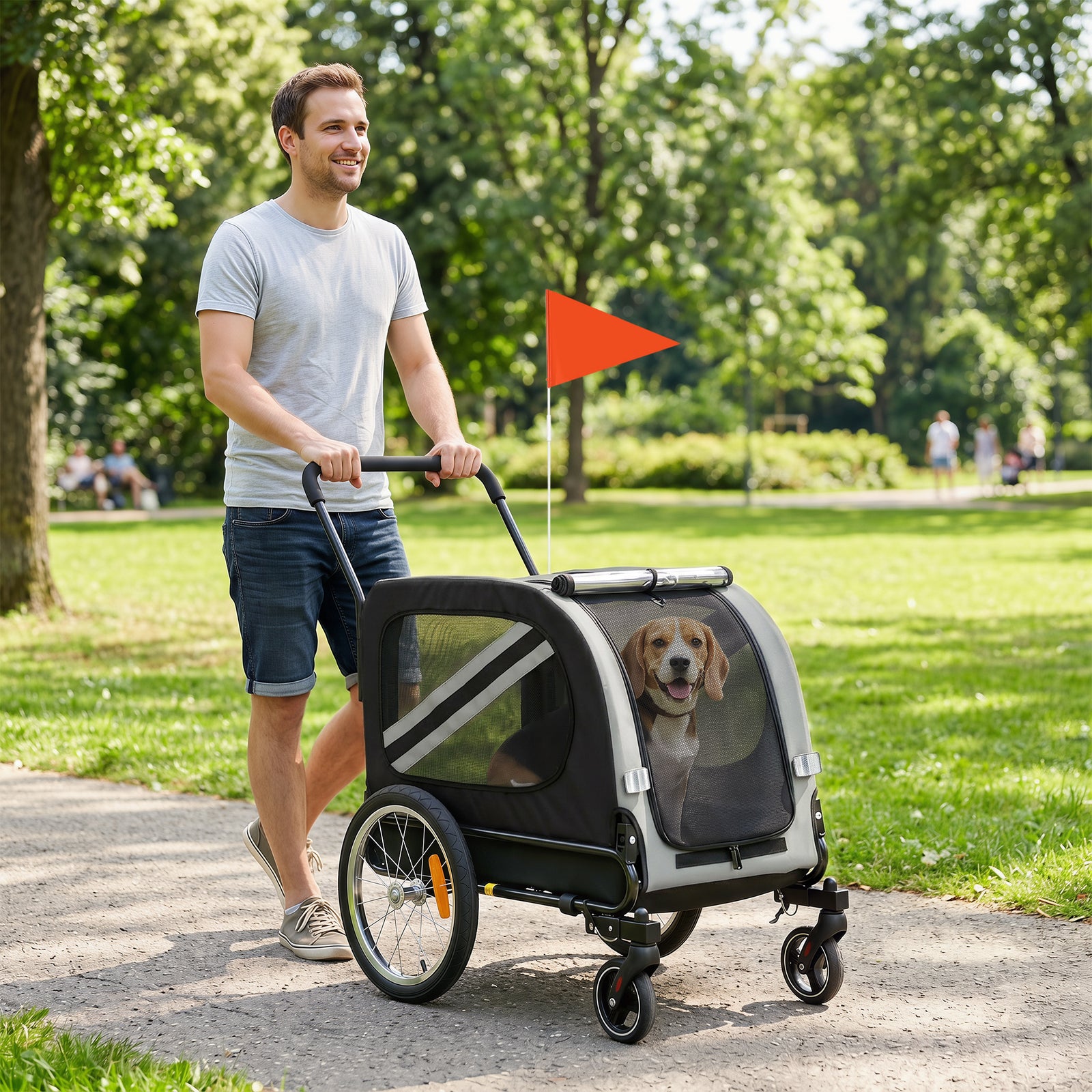 2-in-1 Dog Bike Trailer Stroller With Reflector Flag | Grey