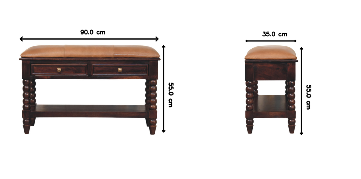 Solid Wood Spindle Winewood Leather Bench