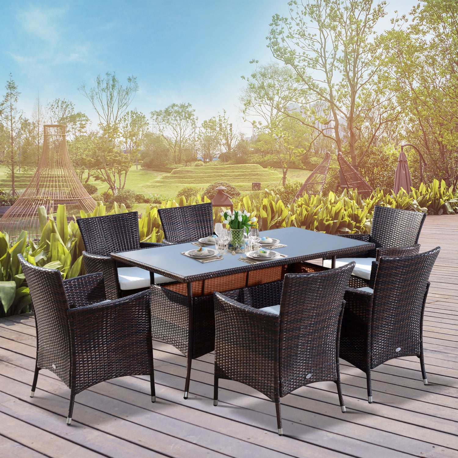 7pc Rattan Garden Furniture Dining Set Wicker Conservatory | Brown