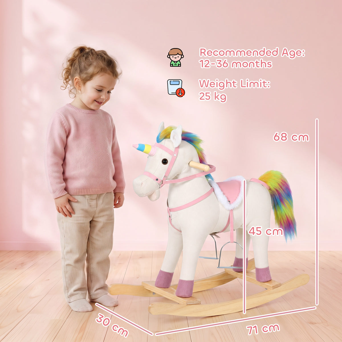 AIYAPLAY Unicorn Rocking Horse With Sound For 1-3 Years, Cream White