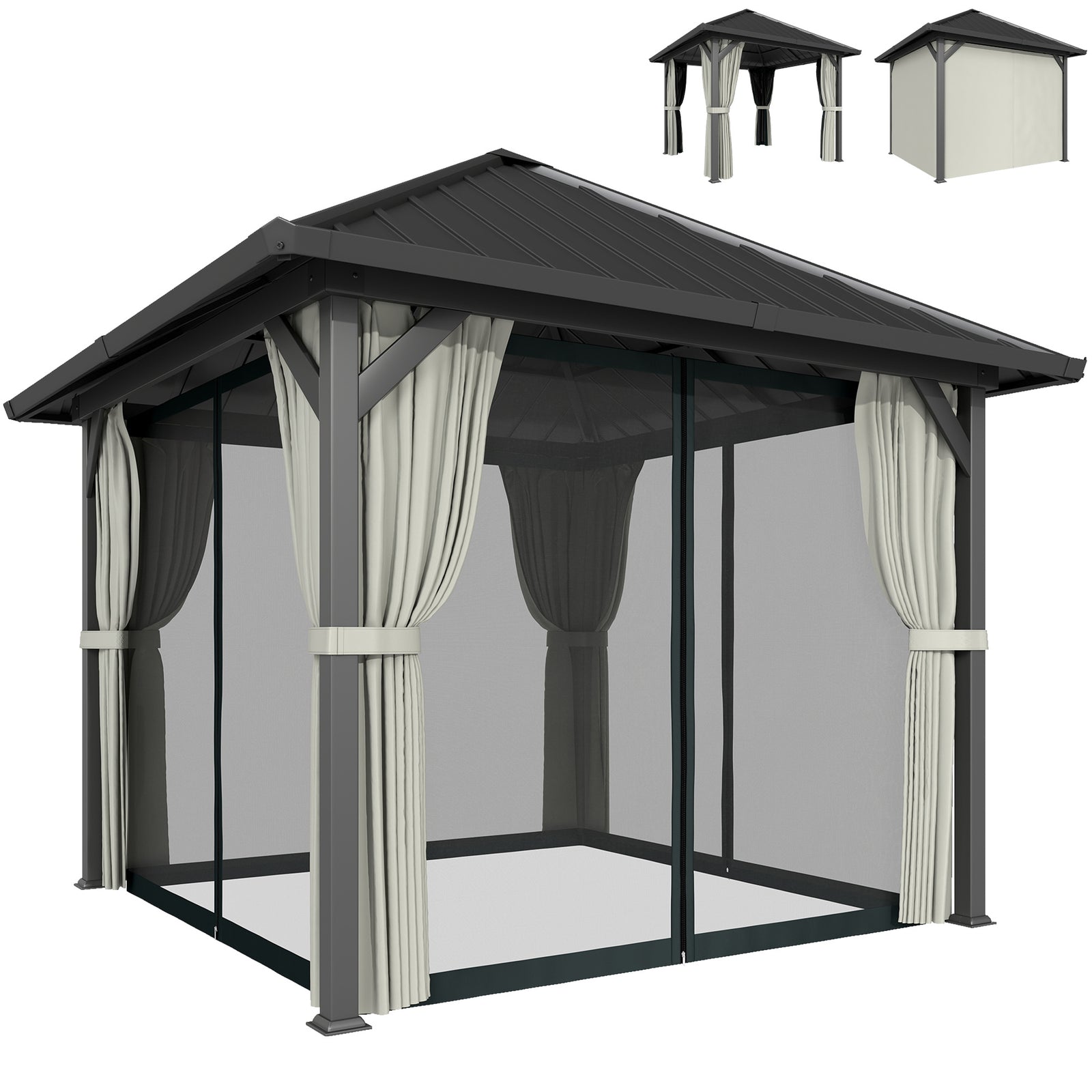 3 X 3(m) Metal Hardtop Gazebo With Netting And Curtains | Black