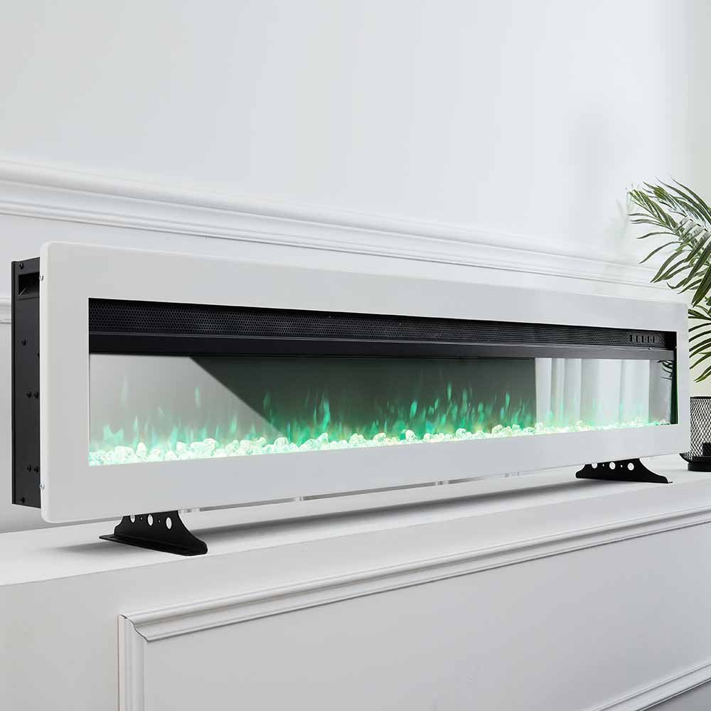 60-inch Electric Fireplace, Recessed/wall Mounted/freestanding Heater With 12-colour Flame,crystal Bed, Remote Control & Timer | White
